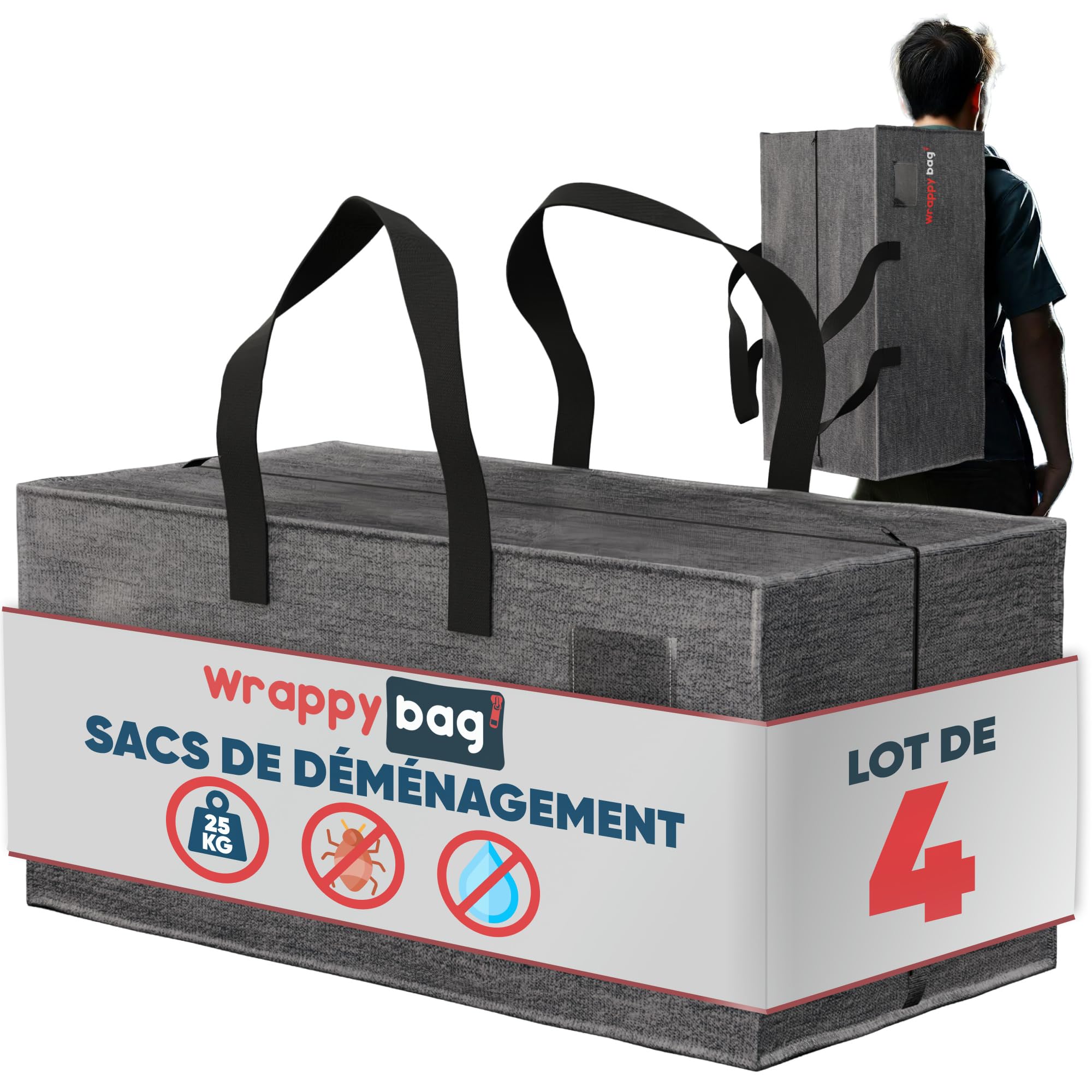 WRAPPYBAG Lot de 4 Grands Sacs à dos de Rangement Plastique – Sacs Jumbo XXL – Déménagement & Voyage – Solide, Épais & Déperlant avec Poignées Renforcées – Vêtement & Linge de Lit – 76 x 36 x 38 cm