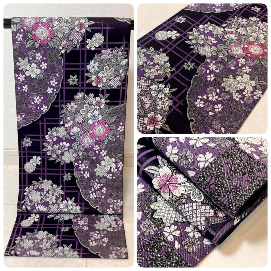Amazon.co.jp: 唐織り桜 雪輪 袋帯 正絹 銀糸 振袖 黒 紫 白 624  