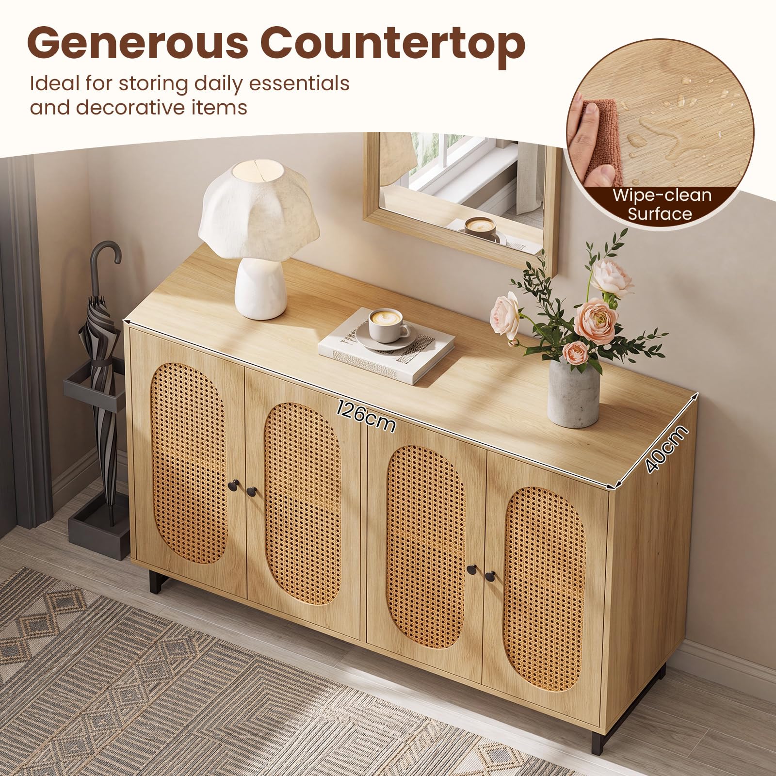 GIANTEX Credenza da Cucina a 4 Ante, con Rattan Decorativo, 126x40x81 cm | Mobile Contenitore Moderno in Legno con Ripiano Regolabile, Dispensa Buffet Lunga e Salvaspazio per Salotto e Ingresso