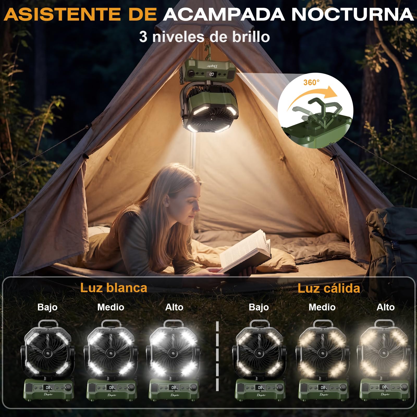 Ventilador Camping Portátil con Nebulizador y Luz LED, ventilador bateria recargable, Temporizador Rotación 270° Gancho para Colgar, Ideal para Camping Viajes Oficina (Verde)