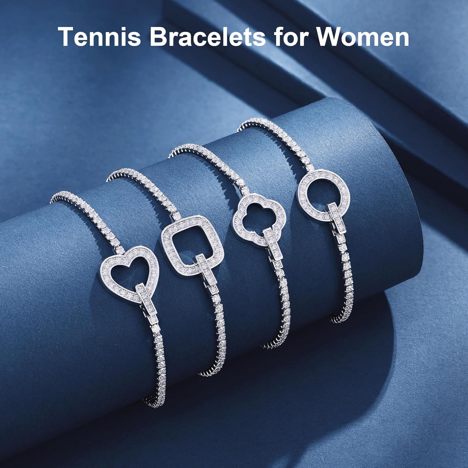 Sutu Linky&Co Moissanite Tennis Bracelet, D VVS1 Multi-Shape Clover Heart Square Circle, S925 Sterling Silver Adjustable Jewelry Gifts for Her, 6.5-7"