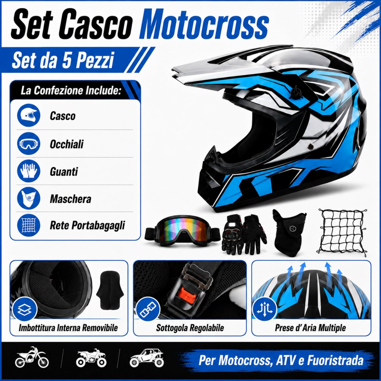 Casco Off Road Integrale bianco, nero e blu, Kit con 3 Accessori