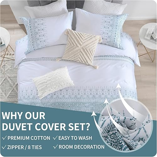 Miniatura 4 de Quilta Juego de funda de edredón tamaño King, 100% algodón lavado, súper suave, juego de ropa de cama azul de 3 piezas con cierre de cremallera, 1