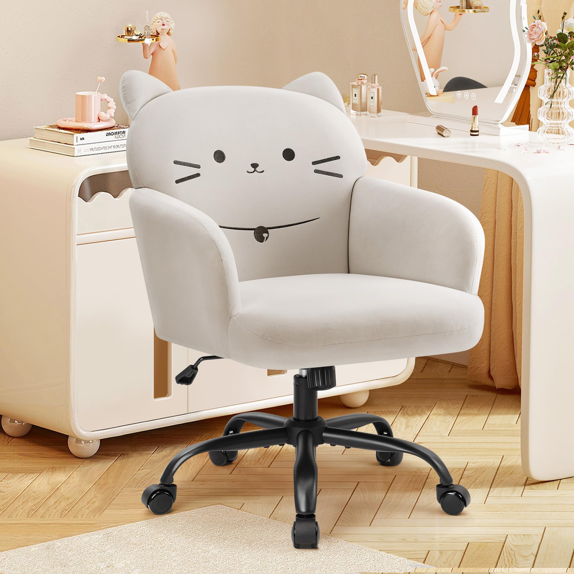 IWMH Home Office Chair Wide Seat Desk Chair Cute Velvet Swivel Vanity Chairs Cat Themed Computer Task Chairs with Wheels Upholstered Modern Accent Armchair for Living Room Bedroom Study Makeup: Cream