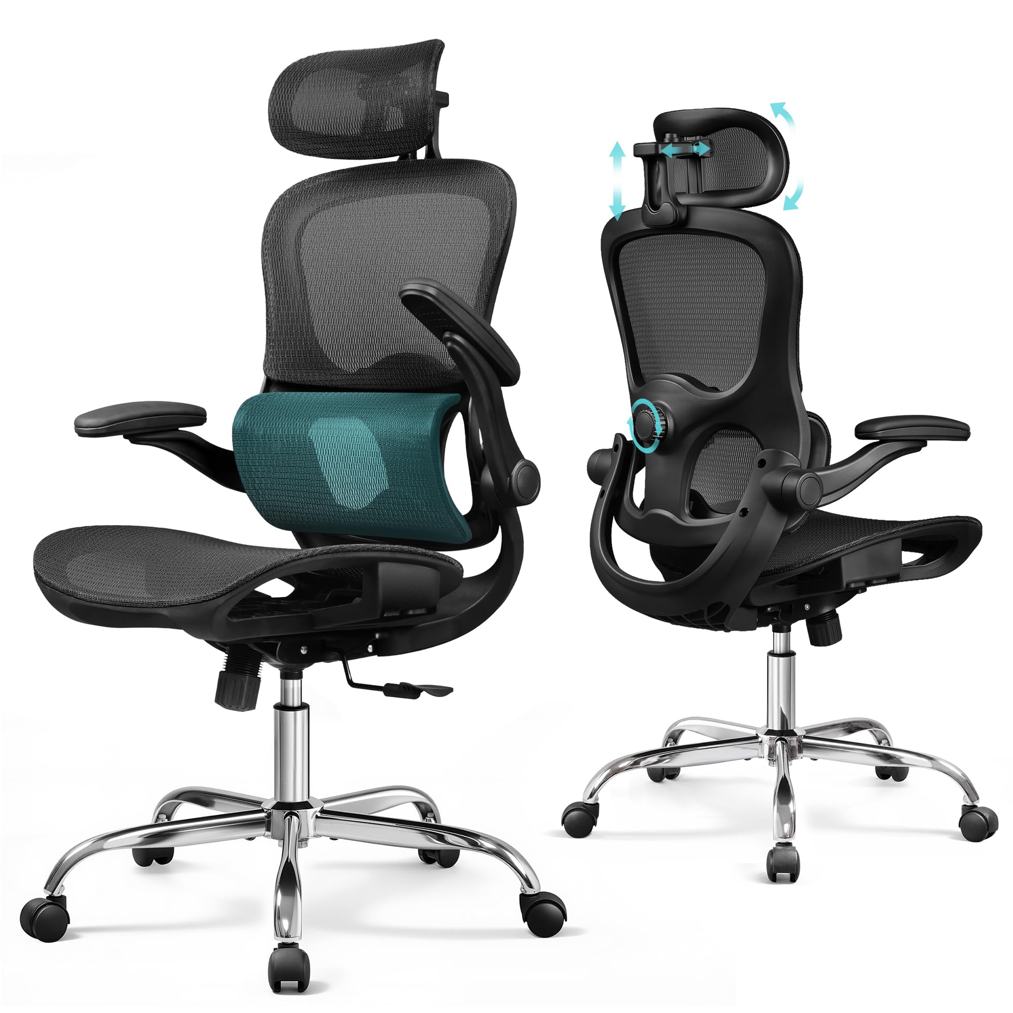DEVAISE Ergonomic Office Chair with Breathable Mesh Dynamic Lumbar Support, Headrest Adjustable, 3D Armrests, 360° Swivel Mesh Office Chair High Back for Home/Office, Black
