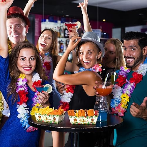 Miniatura 4 de Blulu Paquete de 50 bandejas de papel desechables para decoración de fiestas hawaianas, bandeja para nachos Aloha Nacho, soporte para alimentos,