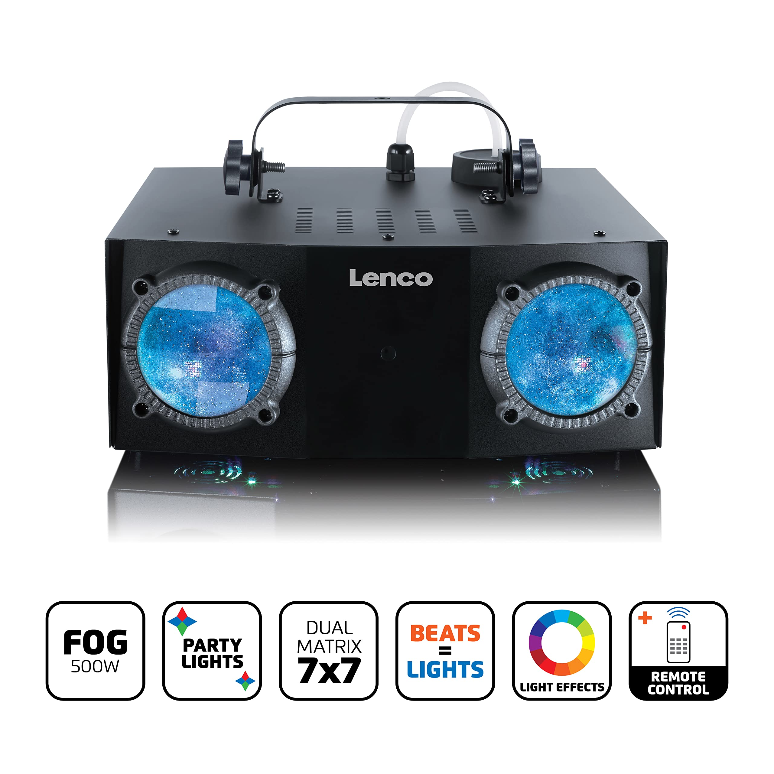 Lenco LFM-110 Dual Matrix RGB Partylicht - mit Nebelmaschine - integrierte Lichtshowprogramme - 1 Liter Fassungsvermögen für Nebelflüssigkeit - Nebel-Timer - schwarz