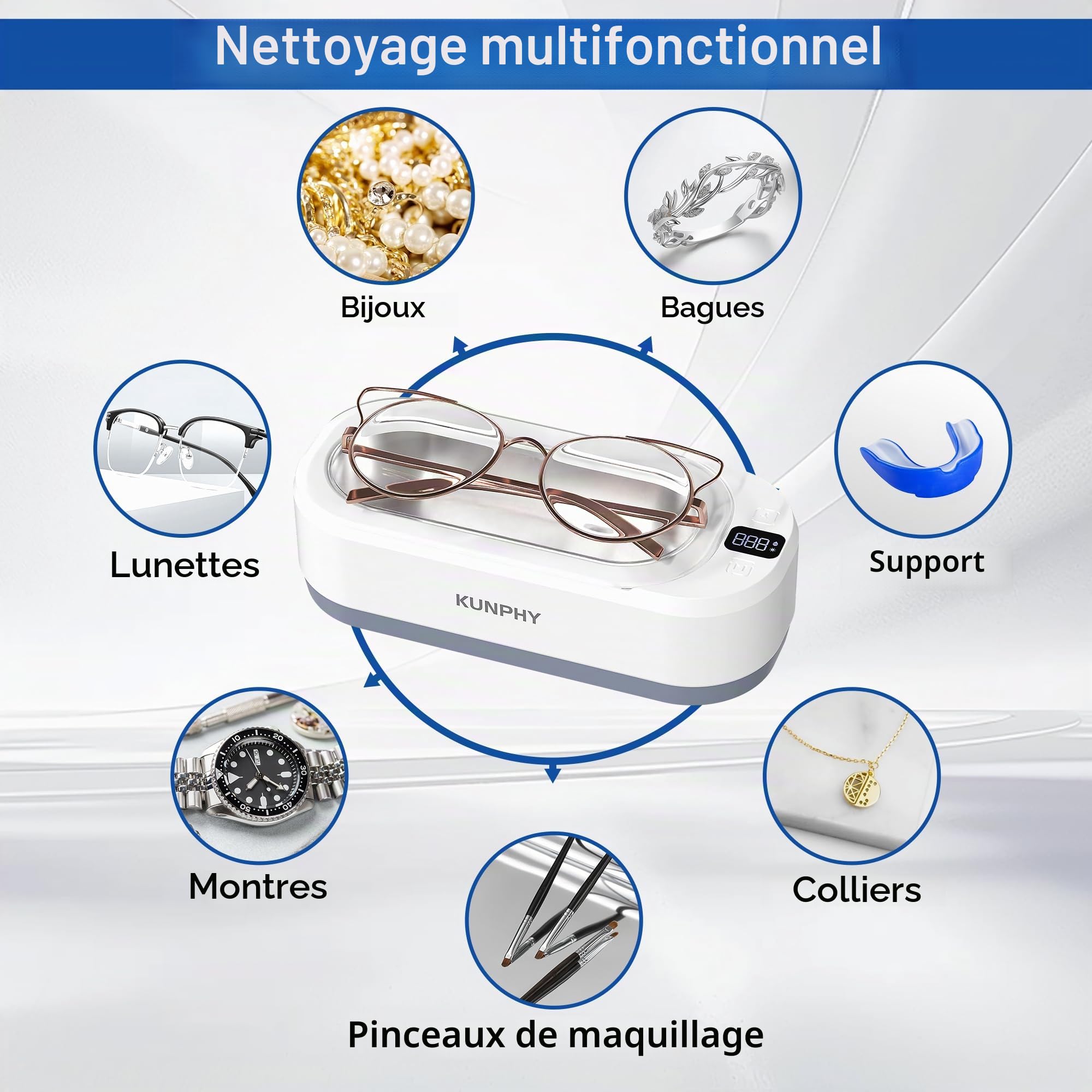 Kunphy Nettoyeur ultrasons, 48000 Hz Nettoyeur à Ultrasons 350 ML avec minuterie numérique, Ultrasonic Cleaner pour lunettes, bijoux, attelles dentaires, pièces de monnaie