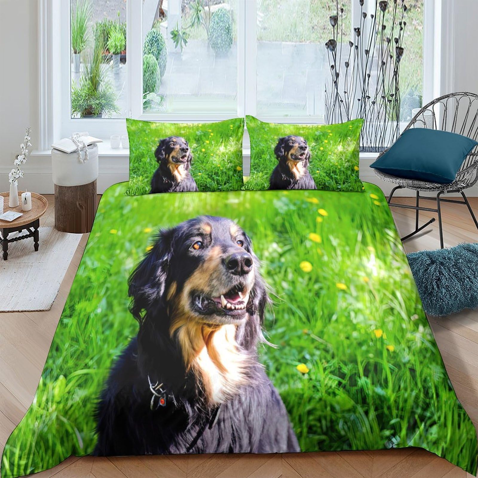 Ctjqhvkz Style-1 3D Printed Black Dog Fitted Sheet Microfiber Soft Grass Field Bed Cover For Bedroom Decor Dorm Mattress Protection Single（135X200cm）