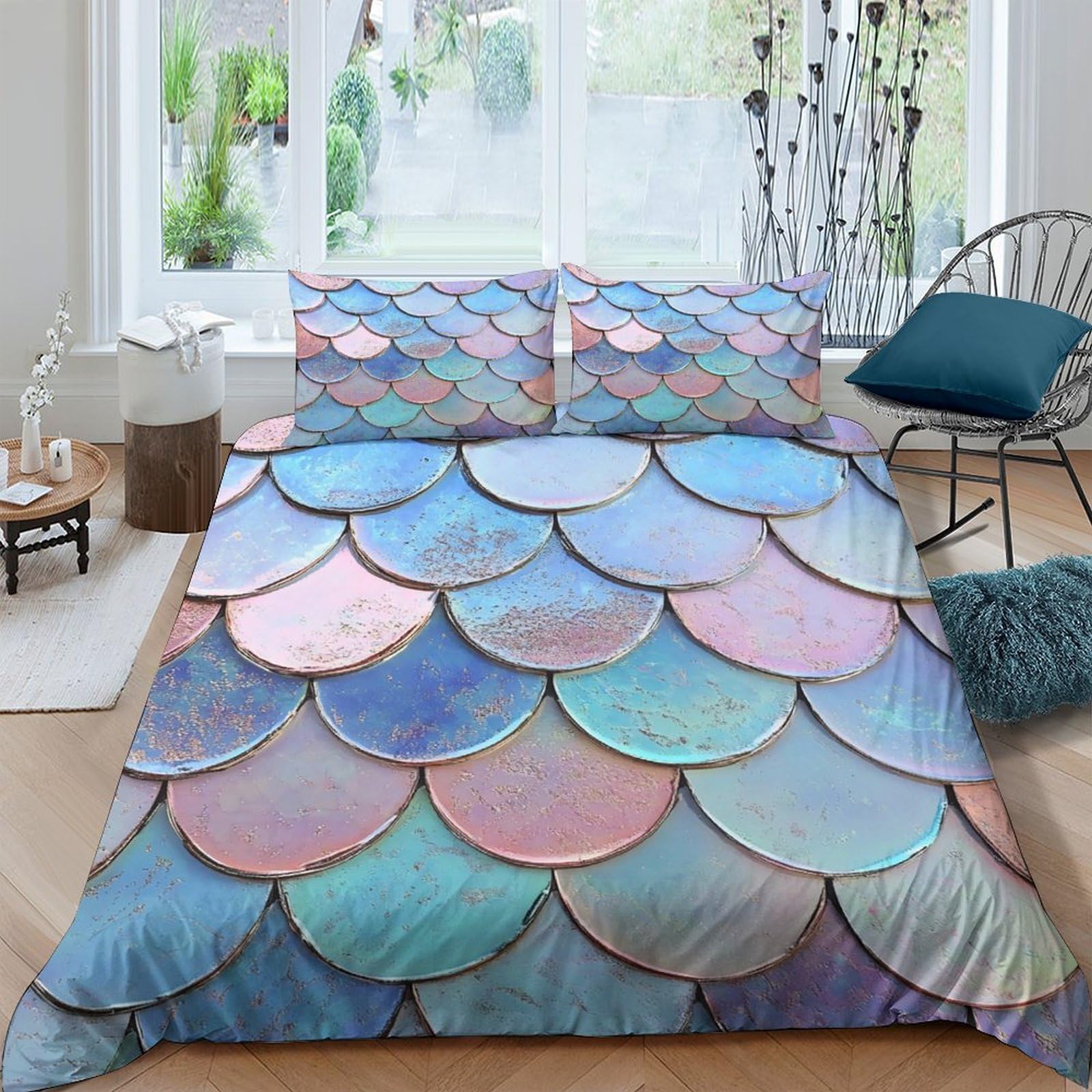 Ctjqhvkz Style-4 3D Printed Iridescent Mermaid Scales Fitted Sheet Microfiber Soft Pastel Bed Cover Anti-Slip Machine Washable Decor For Bedroom Guestroom Single（135X200cm）