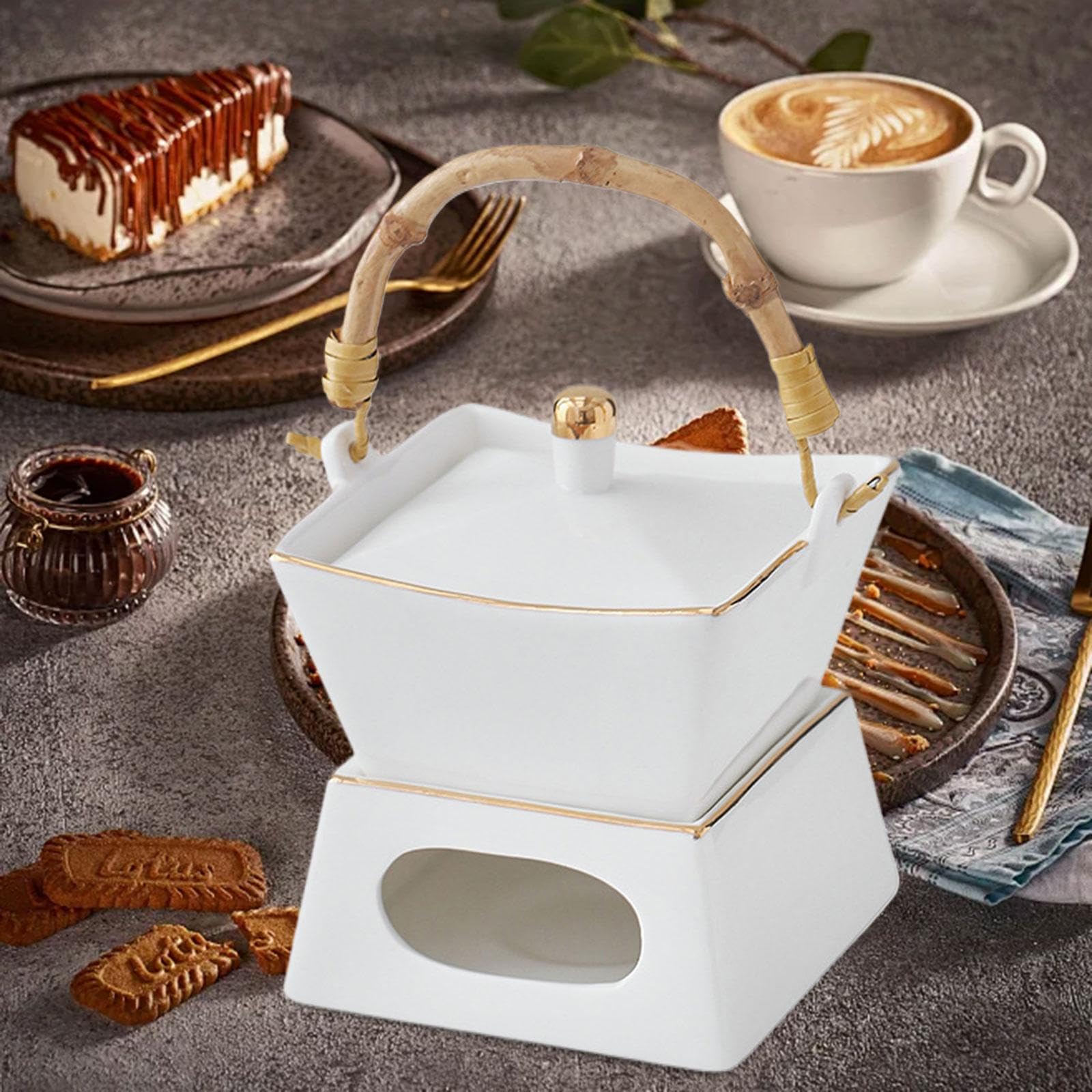 Bothyi Chocolate Fondue Pot Tea Light Porcelain Melting Pot and Lid Cheese Fondue Pot Fondue Pot Set for Caramel Tapas Party Wedding, Gold Edge