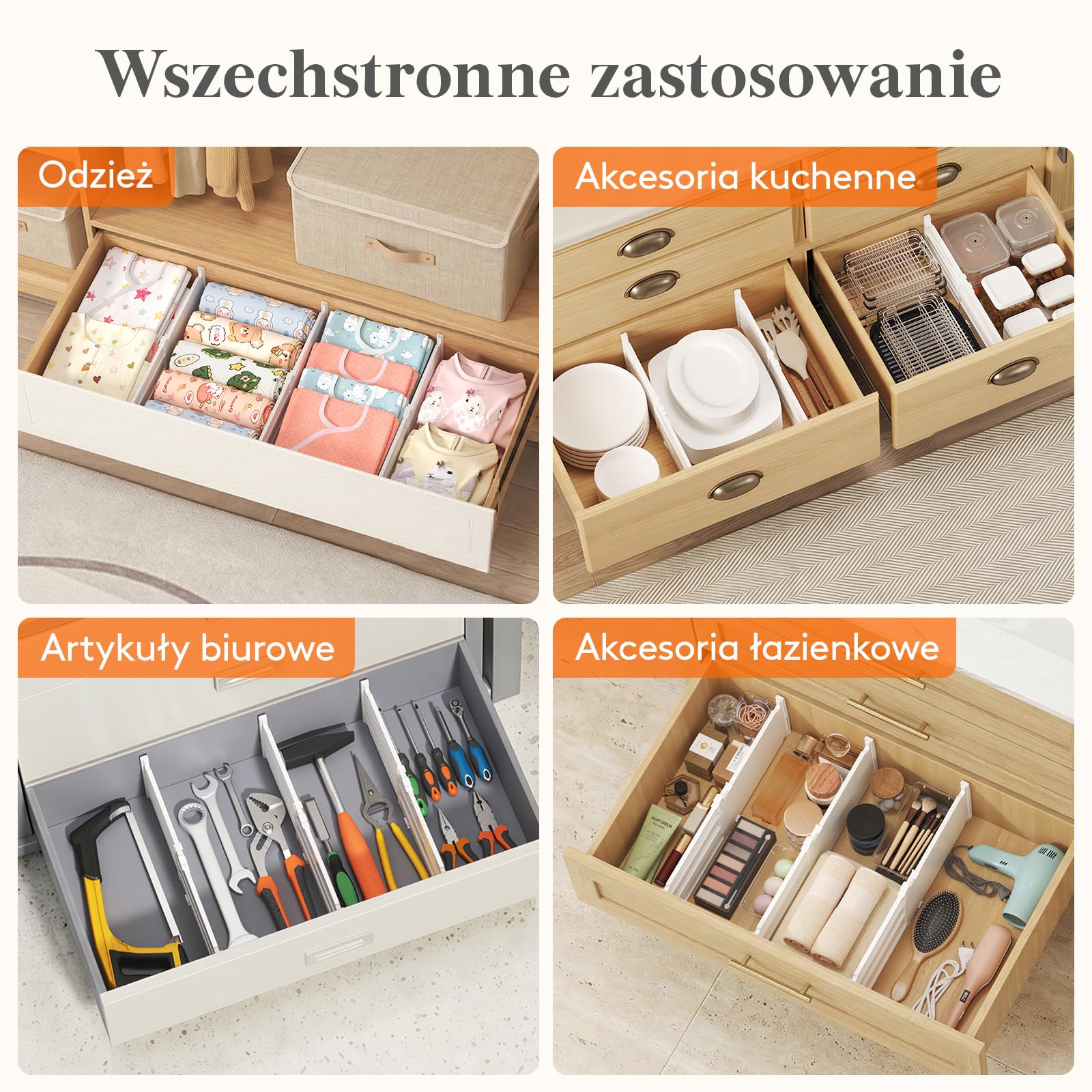 Lifewit 4-pakt głębokich przegród szufladowych o wysokości 15,2 cm, 29,2-47 cm rozszerzalne przegródki na ubrania do szuflad, regulowane organizery do szuflad komody, białe separatory szufladowe do