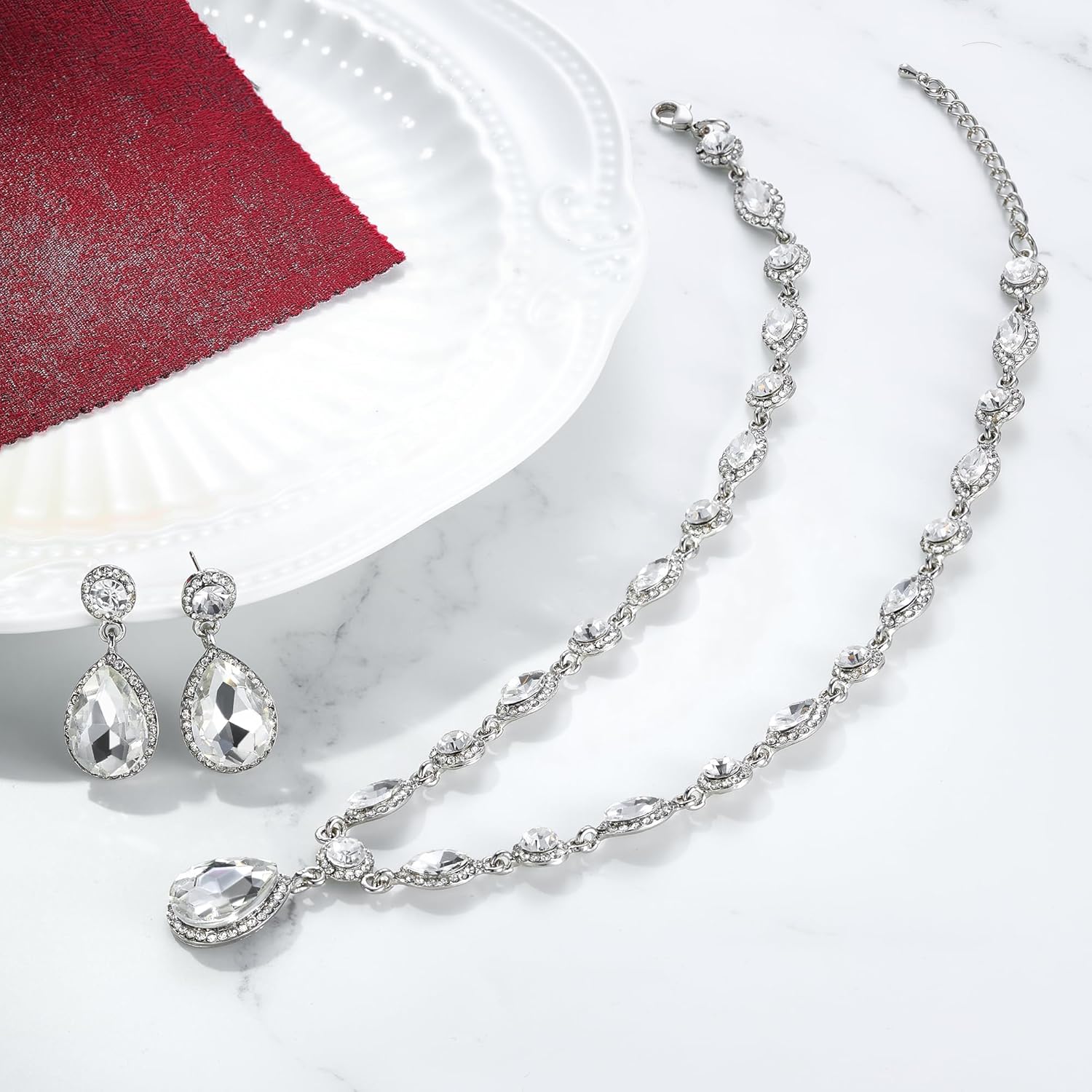EleQueen Women's Wedding Bridal Jewelry Set for Brides Bridesmaids, Crystal Teardrop Necklace Dangle Earrings Jewellery for Party Prom - Image 4
