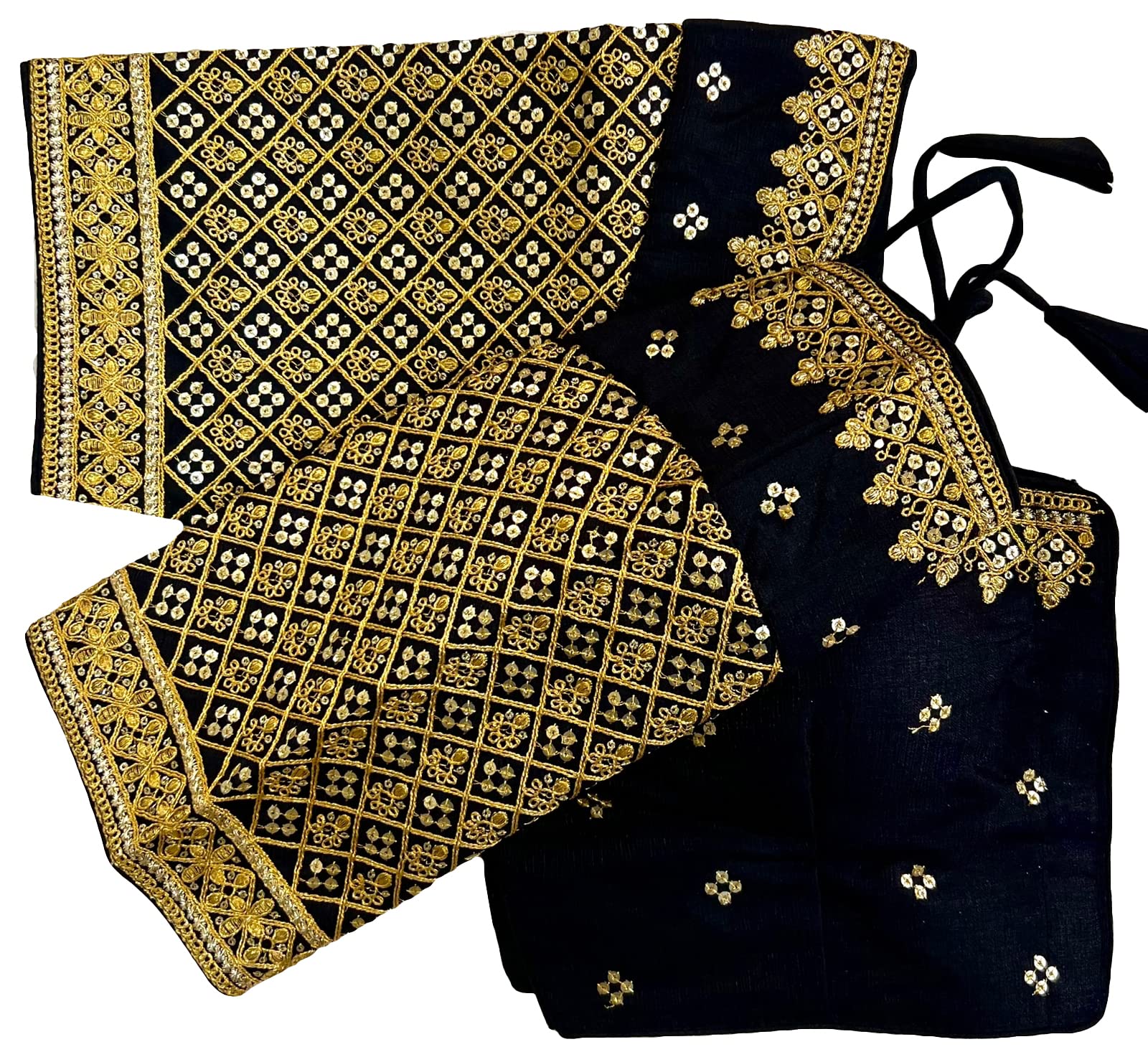 Pujia Mills Women's Milan Silk Heavy Golden Codding Embroidery Sequins Work Black Saree Blouse(Reva Black)