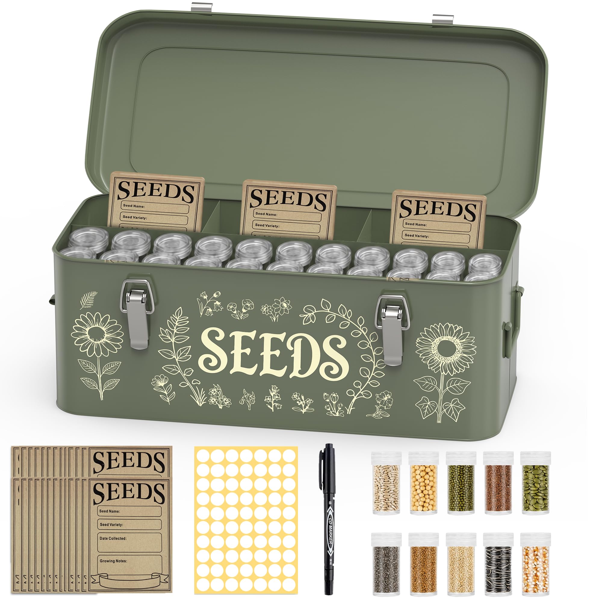 Dexyino Seed Storage Organizer Box, 4 Compartment Locking Metal Case