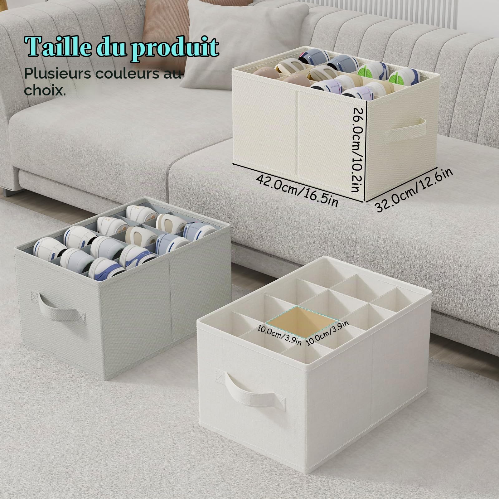Lot de 2 Organiseurs de chaussures, 12-24 Paires, 42x32x26 cm, Gris | Grandes Boîte Rangement avec 3 Poignée, Empilable Shoes Organizer, Grandes Cubes de Stockage avec Support Inférieur