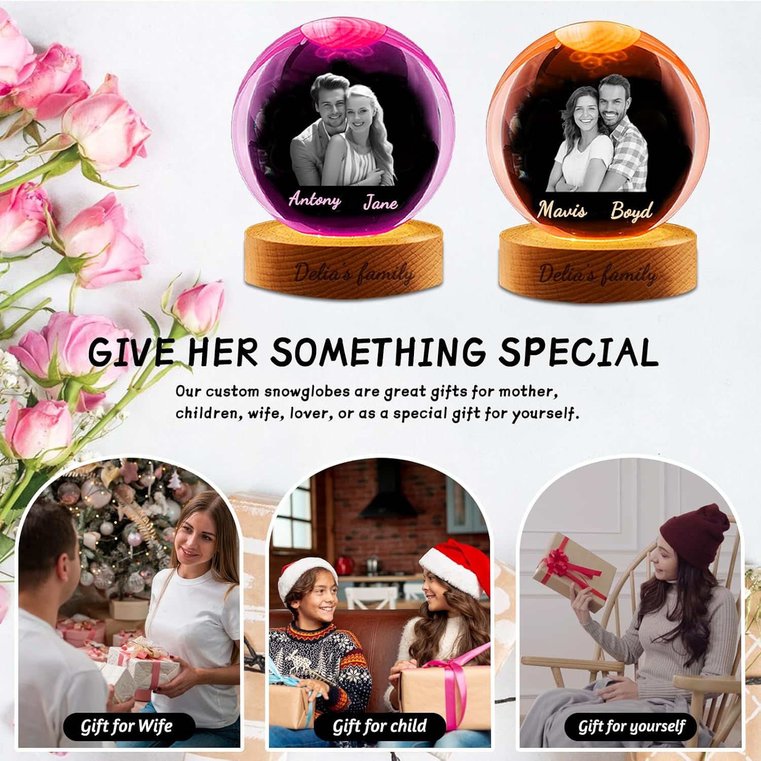 Personalized Snow Globes with Photo Name, Custom Light Up Christmas Snowman Names Pictures Globes,Customized Laser Engraving Crystal Snow Globes for Family Kids Mom Dad Xmas Gifts (Personalized Photo) - Image 6