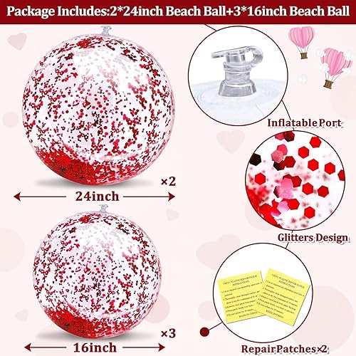 Miniatura 2 de TURNMEON Paquete de 5 pelotas de playa de lentejuelas para la piscina, juguetes de 16 pulgadas, 24 pulgadas, con purpurina, inflables,