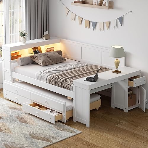 Merax Full Size Daybed with Storage Shelves & Trundle, Charging Station, LED Lights, Built-in Desk & Cabinet, Solid Wood Frame for Kids Teens Guests, White