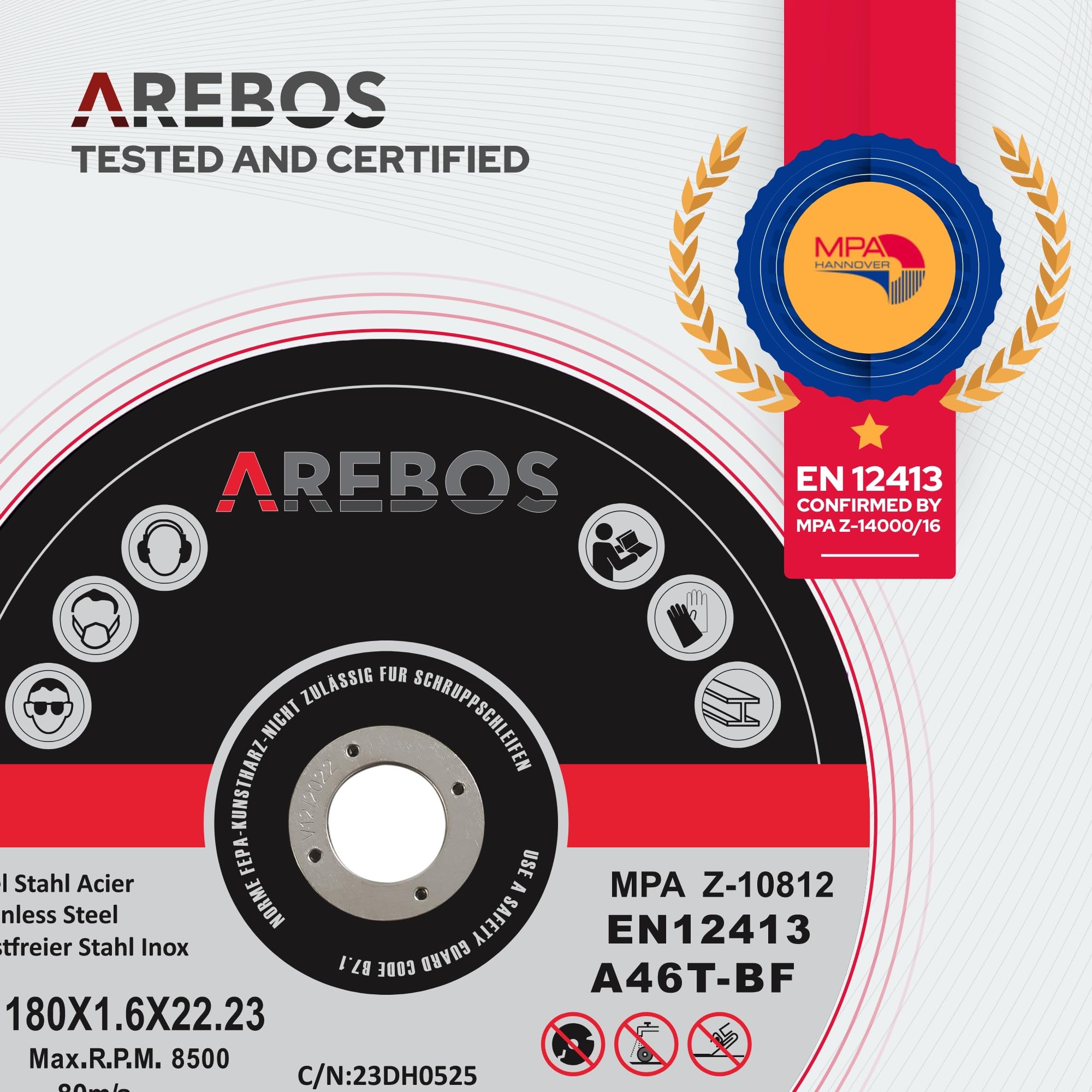 Arebos Discos de corte 50 piezas | Ø 180 mm x 1,8 mm x 22,2 mm | apto para acero, acero inoxidable, inox, hierro, chapa, metal | avance y retroceso | EN 12413 | certificado por (MPA)