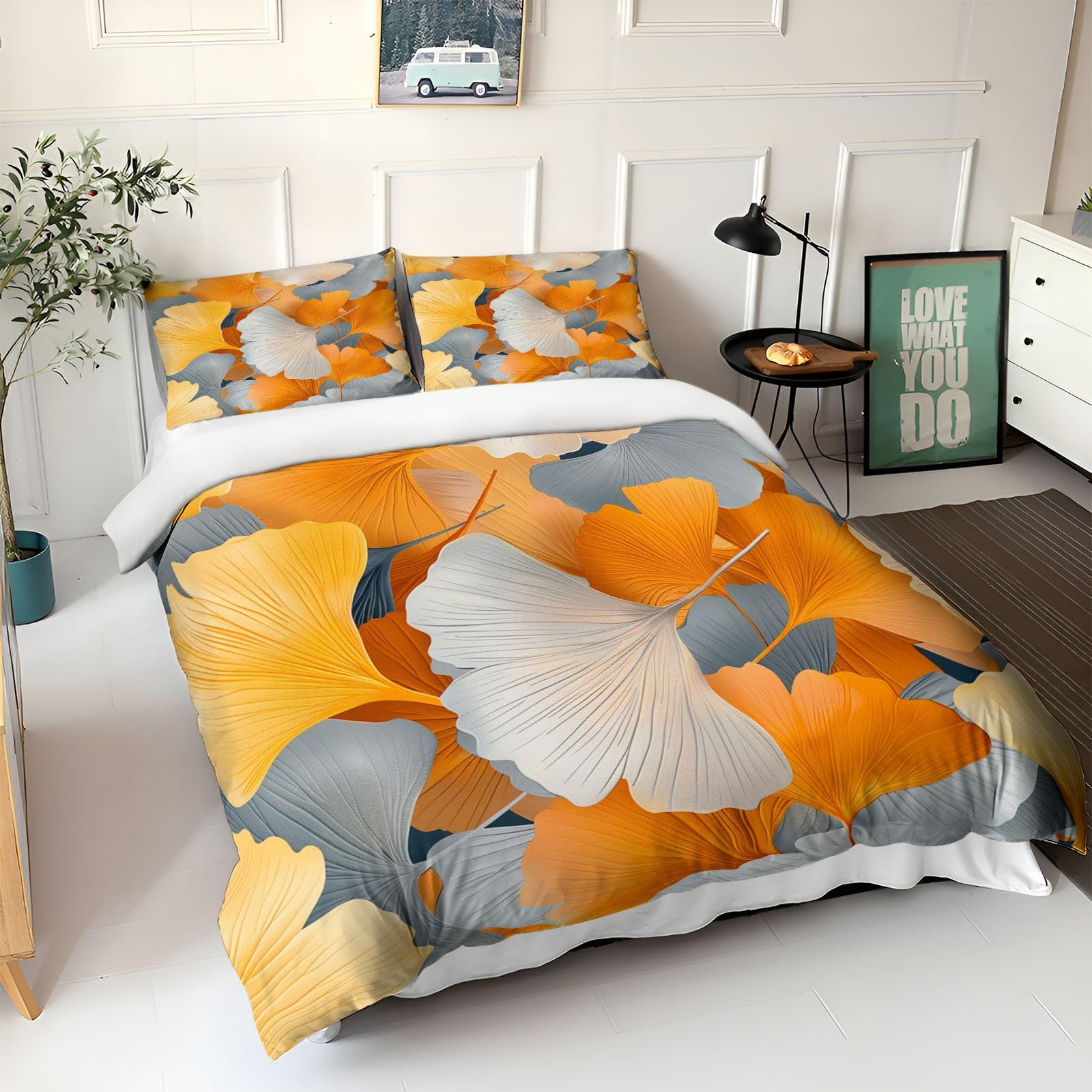 Biancheria da letto gialla, 155 x 220 cm, per bambini, ragazzi e adolescenti, per letto singolo, foglie d'acero, copripiumino stampato, con chiusura lampo e federa da 80 x 80 cm