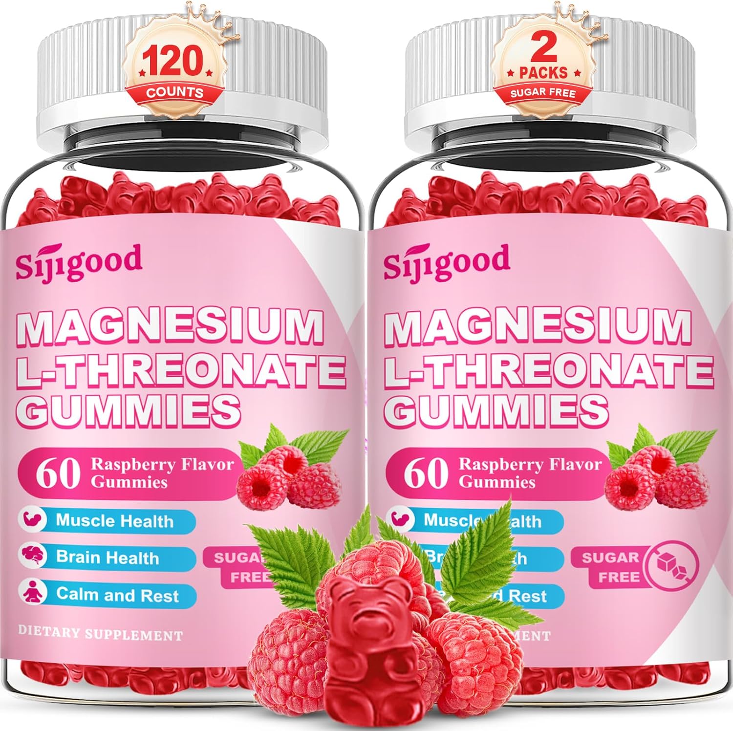 2 Pack Magnesium L-Threonate Gummies, Magnesium Threonate Supplement for Kids & Adults, Support Cognitive Function, Brain & Nerves Health, Relaxation, Zzz, Raspberry Flavor, 120 Count