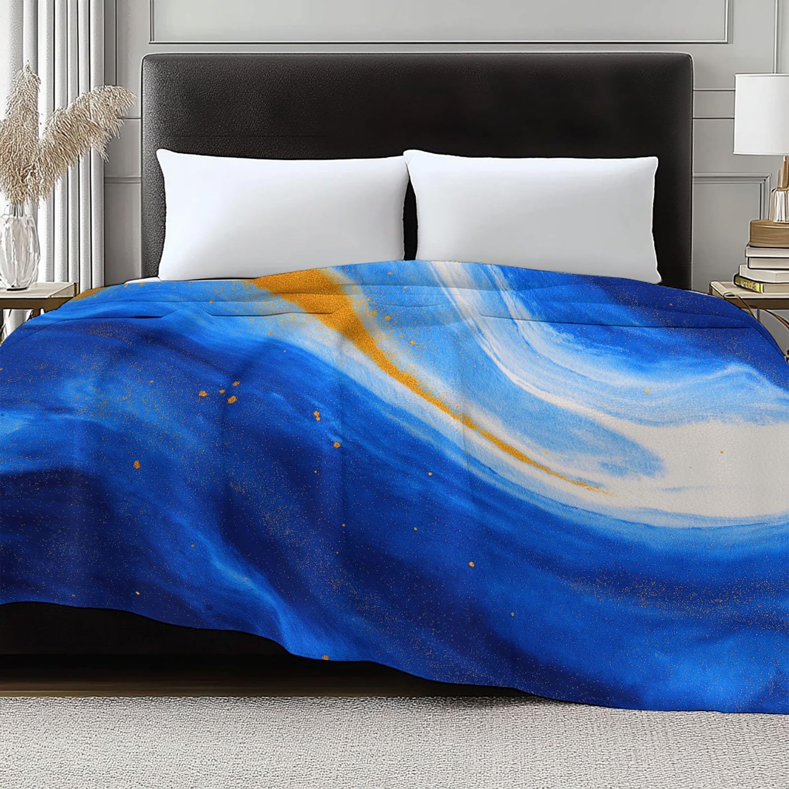 Amber ultramiękki koc flanelowy 221 x 239 cm, pluszowy i ciepły, abstrakcyjny niebieski dali kolory, nadruk, lekki koc na łóżko, na sofę, do podróży i dla dzieci i dorosłych, 220 x 240 cm