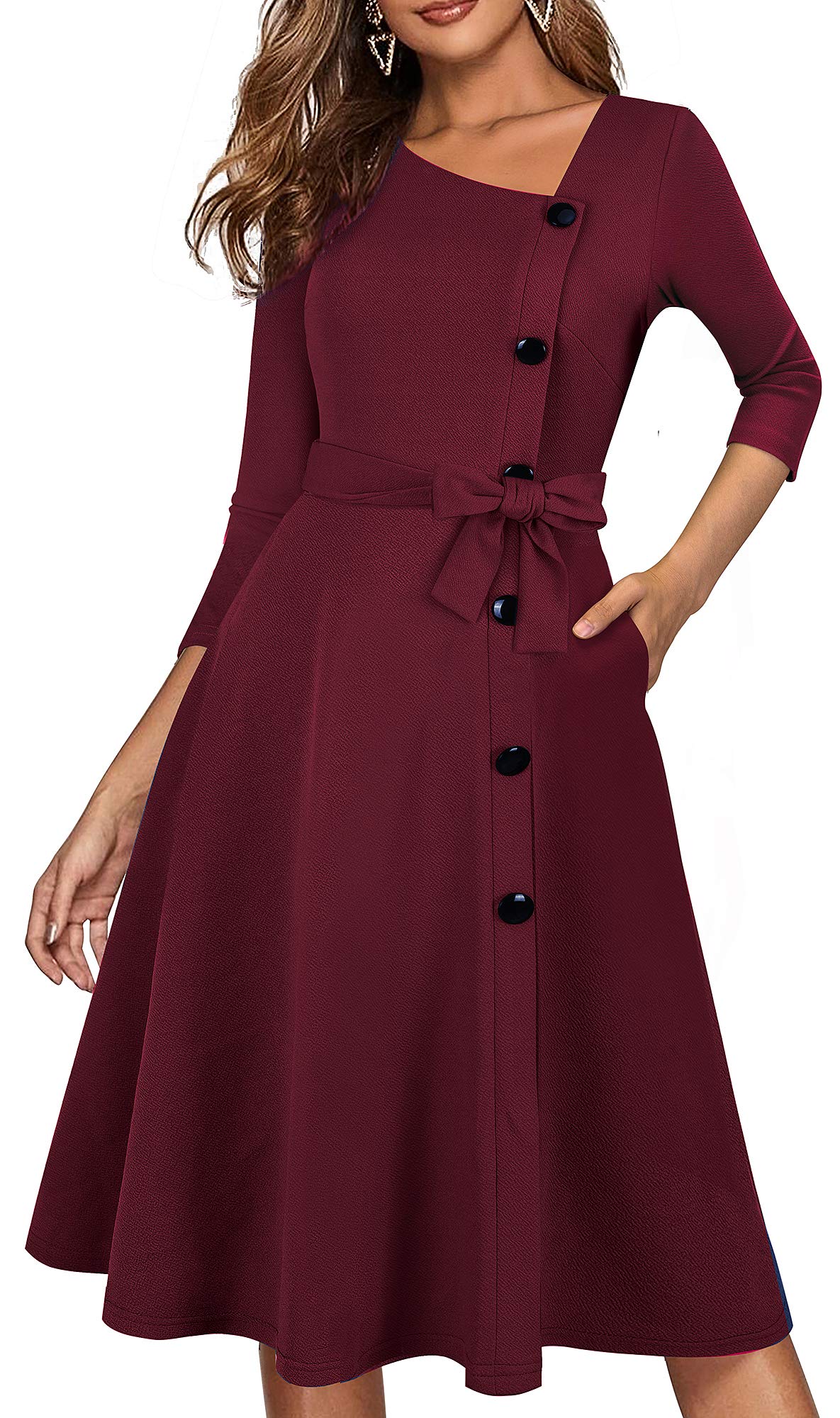 HOMEYEE Womens Retro Vintage Asymmetry Neckline Swing Dress A241