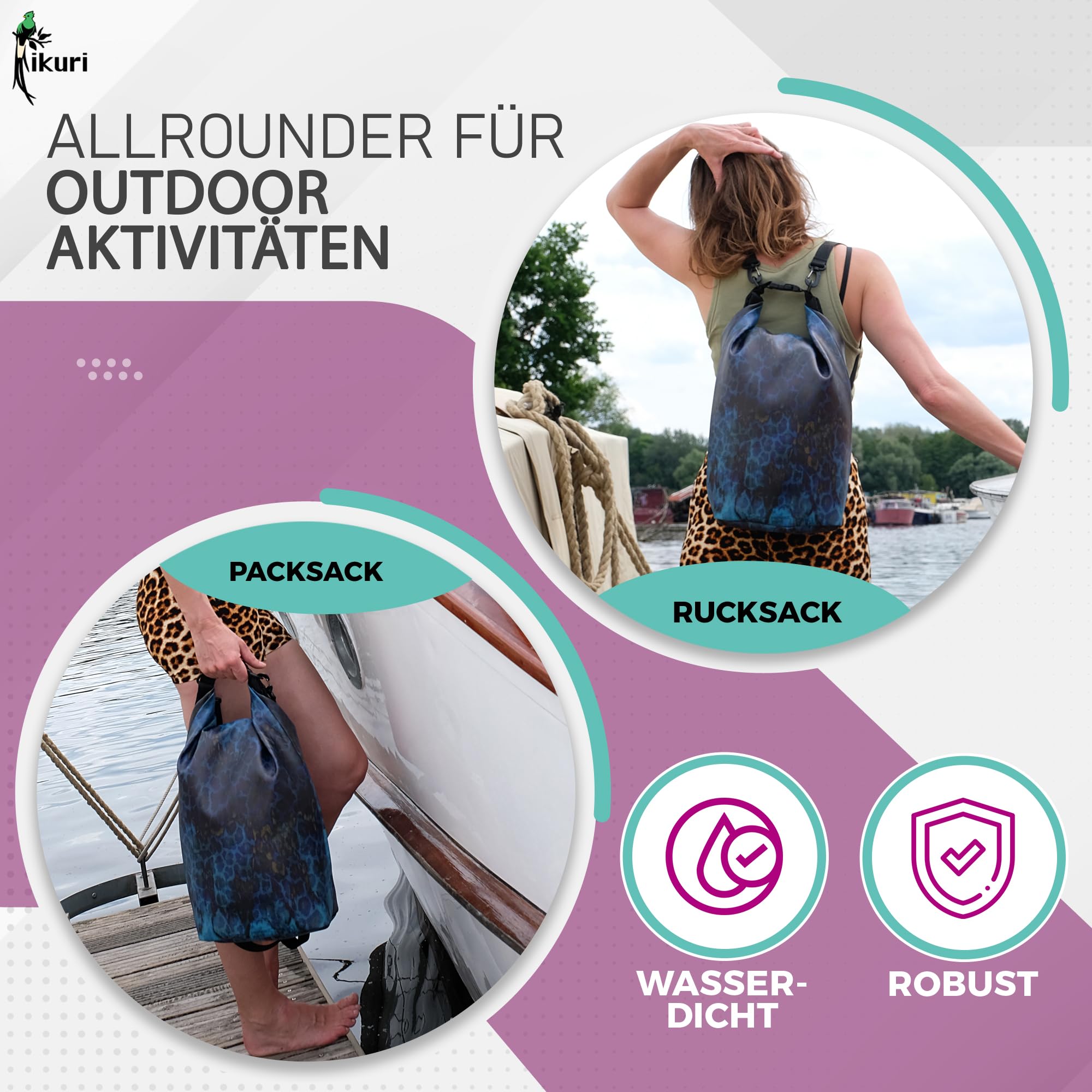 Ikuri Drybag Trockentasche Rucksack Rolltop Wasserdicht aus Plane - Tasche für SUP, Surf, Kayak, Outdoor - Design Pantera