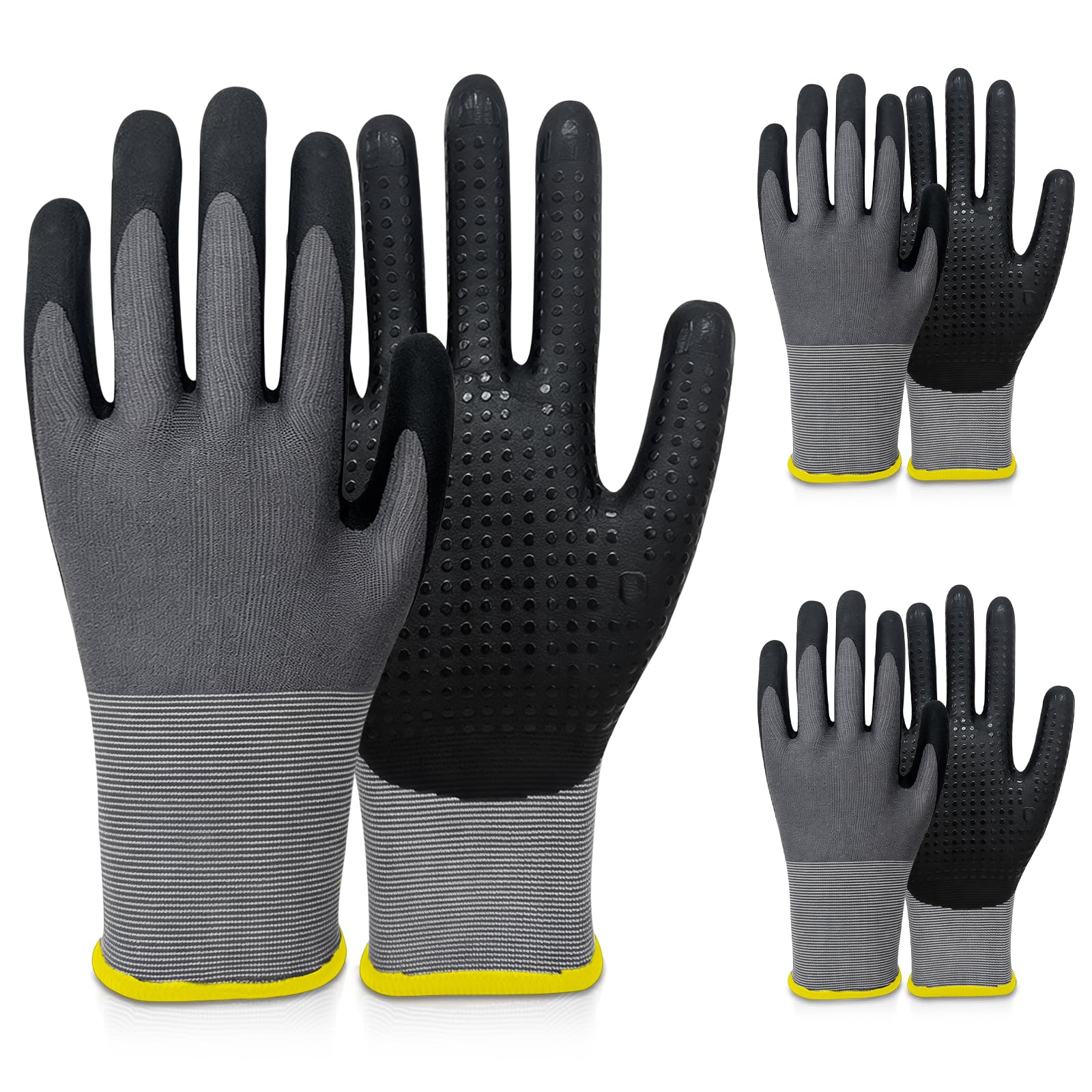 AMFUN Nitrile Work Gloves With Anti-Slip Dotted Grip, 3 Pairs Light Oil Resistant Protective Safety Gloves for Auto, Warehouse, Construction (Black, M)