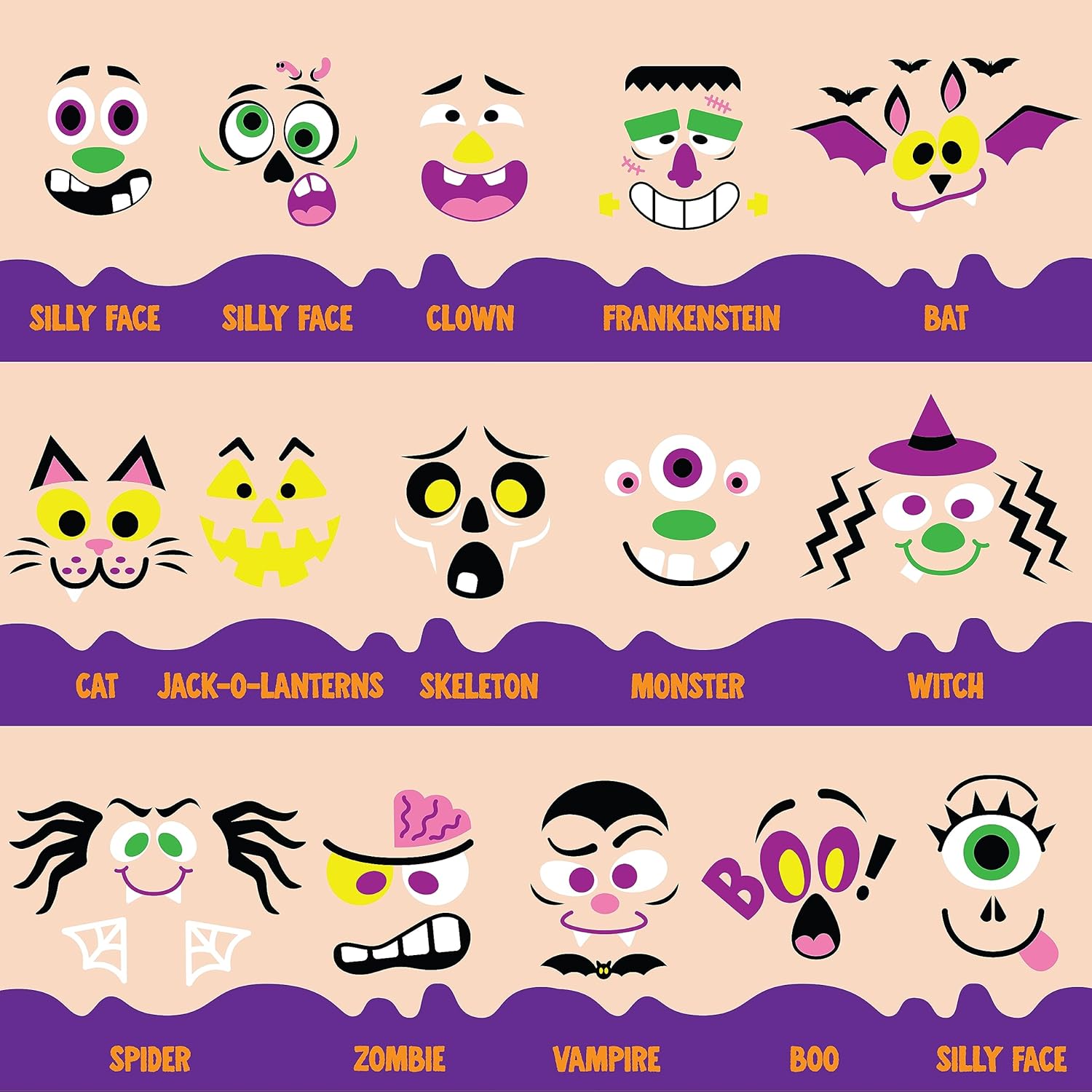 Chart displaying 16 different Halloween foam sticker face designs with their names, such as Silly Face, Clown, Frankenstein, Bat, Cat, Jack-o-Lanterns, Skeleton, Monster, Witch, Spider, Zombie, Vampire, and Boo.
