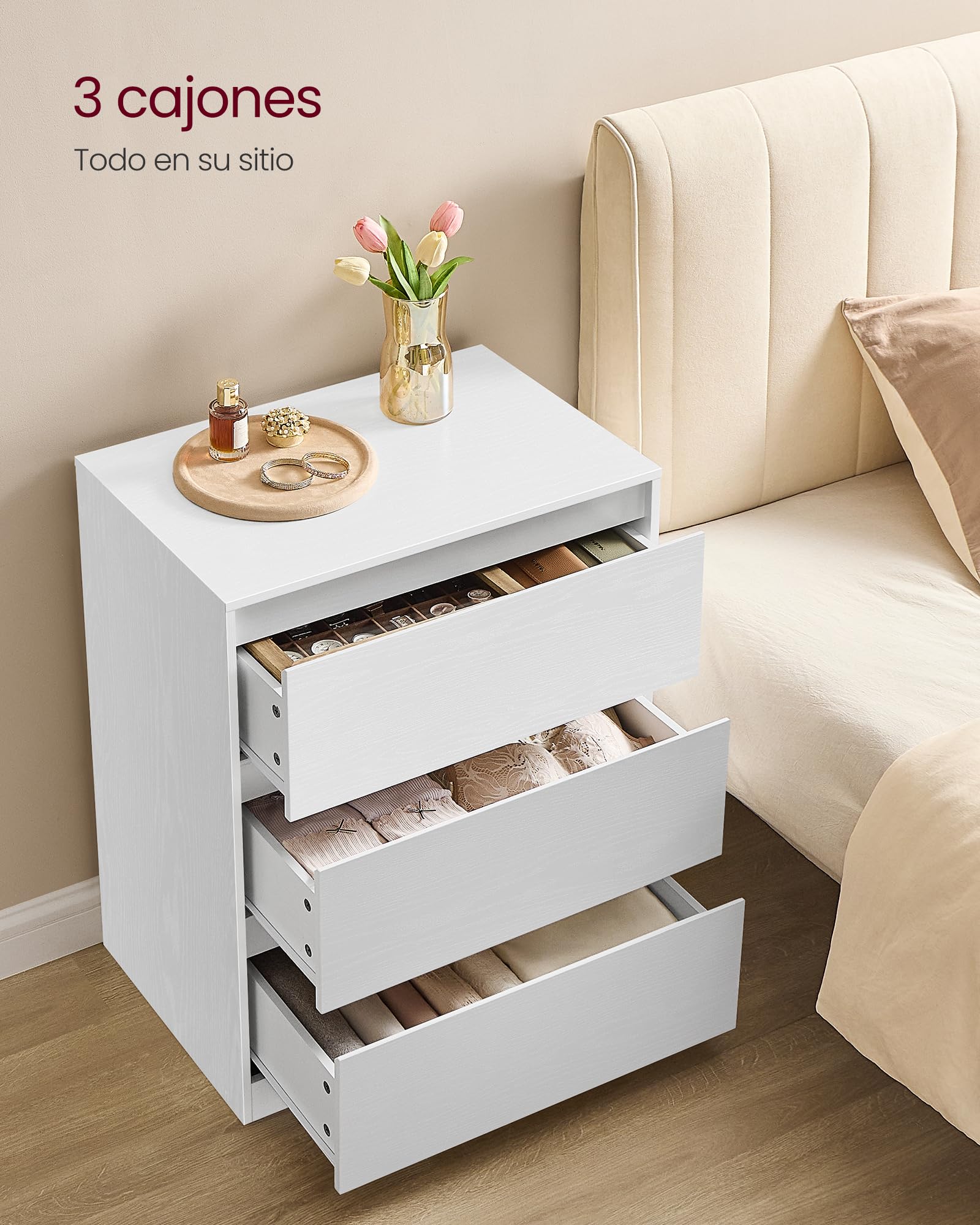 VASAGLE Colección Kailyn - Cómoda de 3 Cajones para Dormitorio, Armario de Almacenamiento, Mueble para Ropa, 40 x 60 x 75 cm, Estilo Moderno, Blanco Nieve LTS613WE01