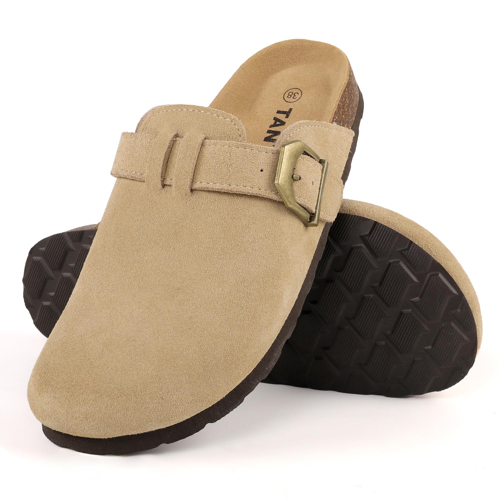 TANTOMI Damen Hausschuhe, Wildleder Unisex Clogs, Rutschfeste Hausschuhe Damen Herren leder mit Fußgewölbeunterstützung, Gartenschuhe Pantoletten Damen mit Weiches Kork Fußbett, Gr.36-42 EU