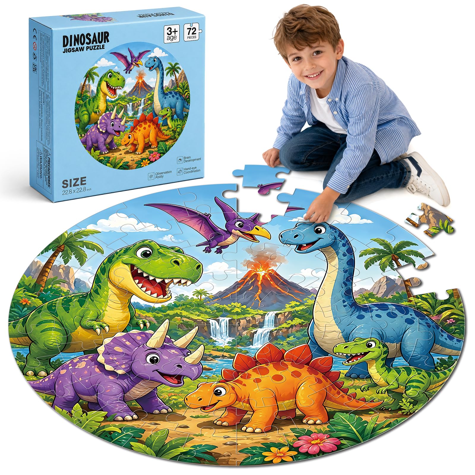 72 Pieces Dinosaur Floor Jigsaw Puzzles for Kids Dinosaur Volcano Jumbo Floor Large Round Puzzles Preschool Education Learning Birthday Gift for Boys and Girls 3-5 4-6 Years Old K L