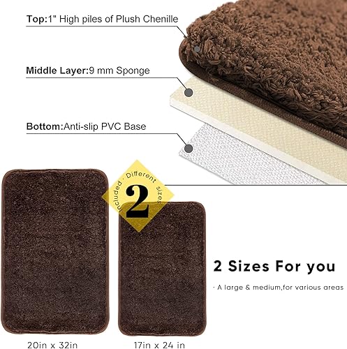 Miniatura 7 de ELEHOLD Juego de alfombras y tapetes de baño, juego de 2 alfombras de baño gruesas y absorbentes, antideslizantes, suaves y peludas, lavables a