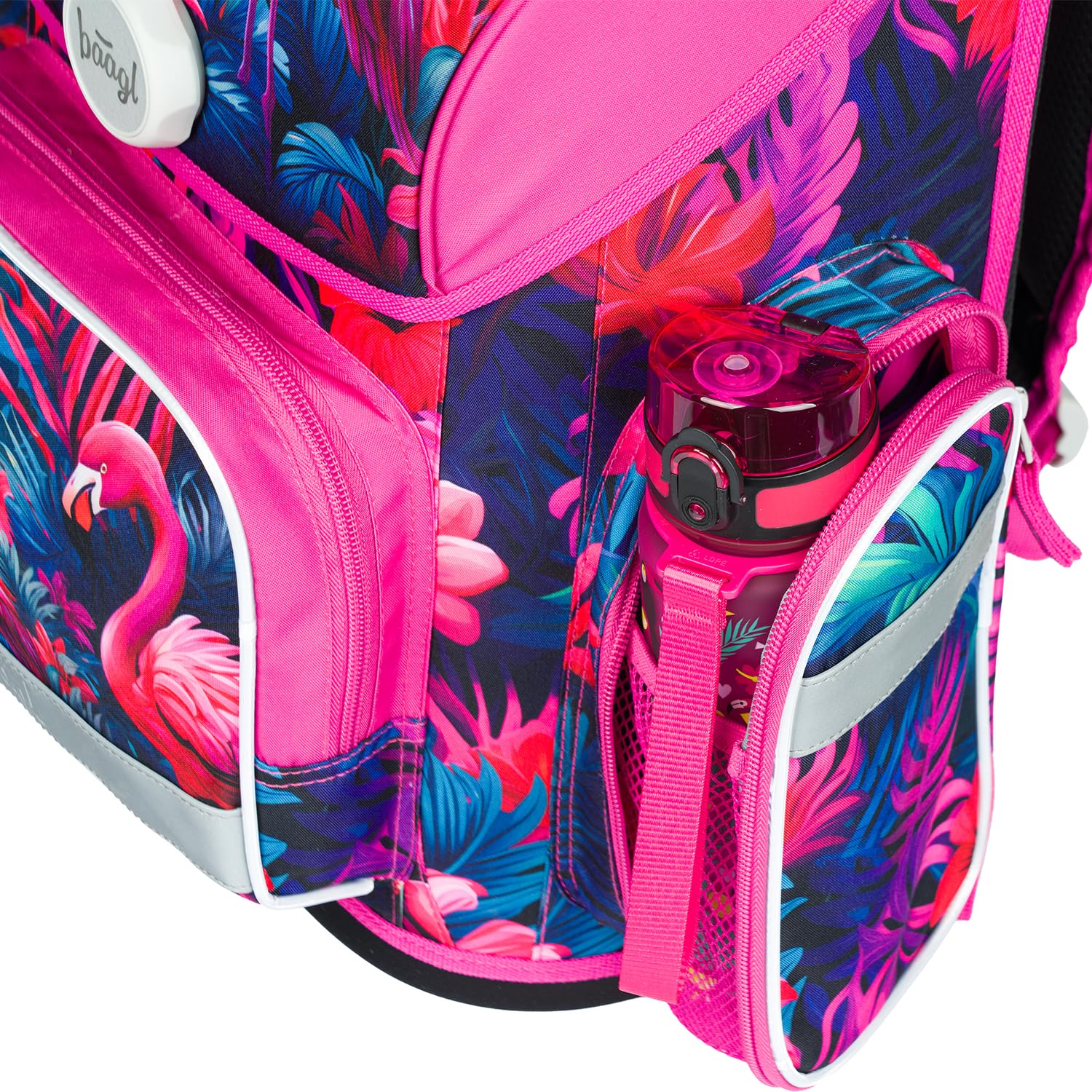 Baagl Mochila escolar para niños y niñas para 1ª clase (o 2ª clase), mochila escolar Ergo para niños y niñas, mochila escolar ligera con correa para el pecho, Flamingos