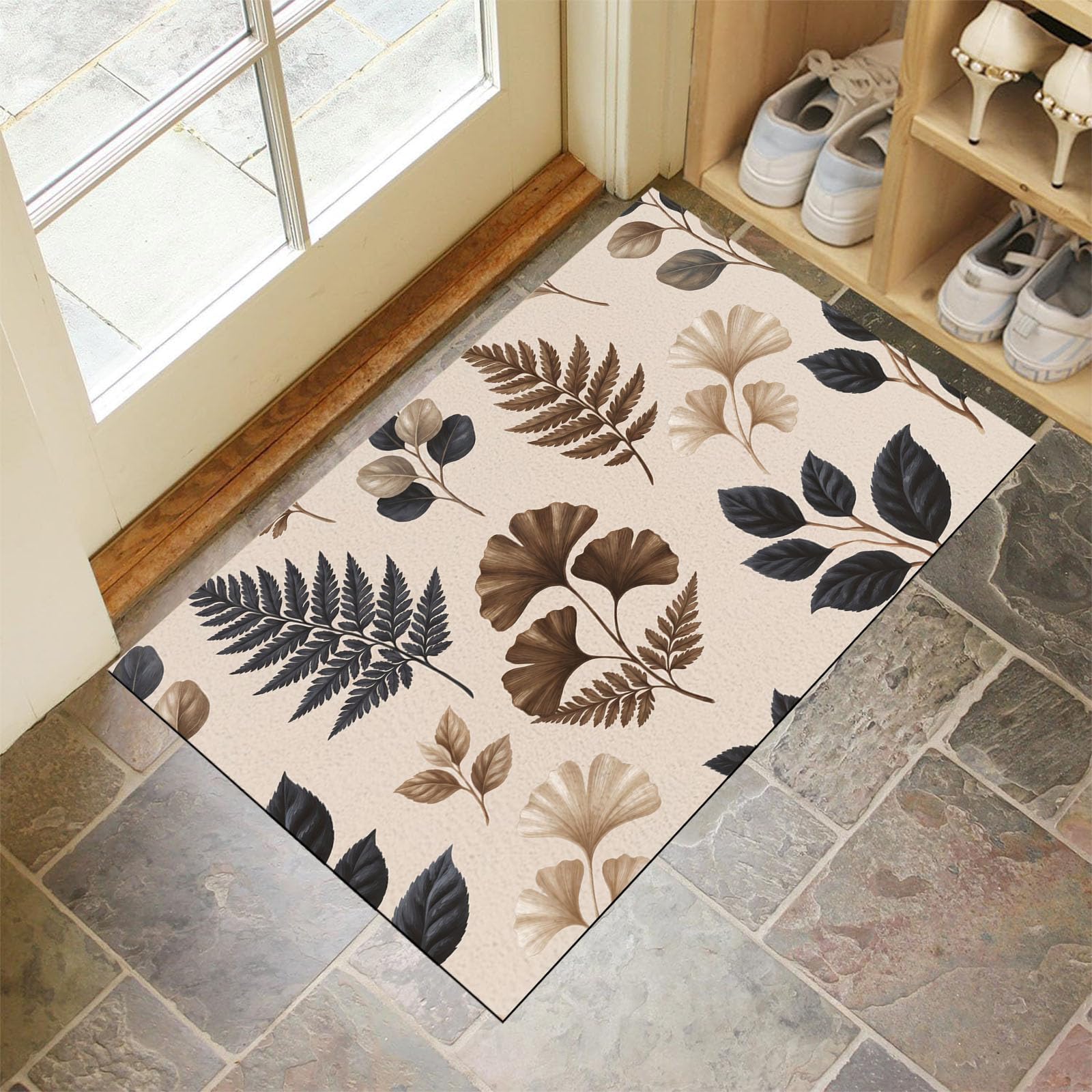 Böhmisches Blatt-Poster Fußmatte Innen Waschbar 90X150Cm, rutschfest Fußmatte, Dünn Schmutzfangmatte, Elegante Landpflanzen Eingangsteppich Mit Wasserabsorbierenden Für Hund, Beige