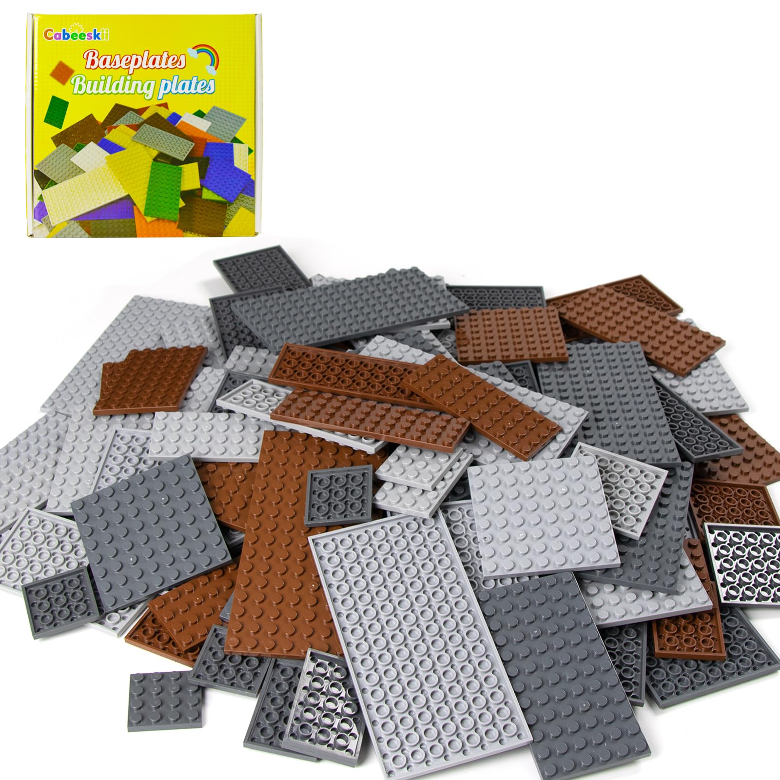 Cabeeskii 130 Pieces Classic Building Plate, 3 Color with 11 Size Baseplate, Compatible with Lego Parts and Pieces, Building Bricks, for Most Brands (Dark Grey, Light Grey, Brown)