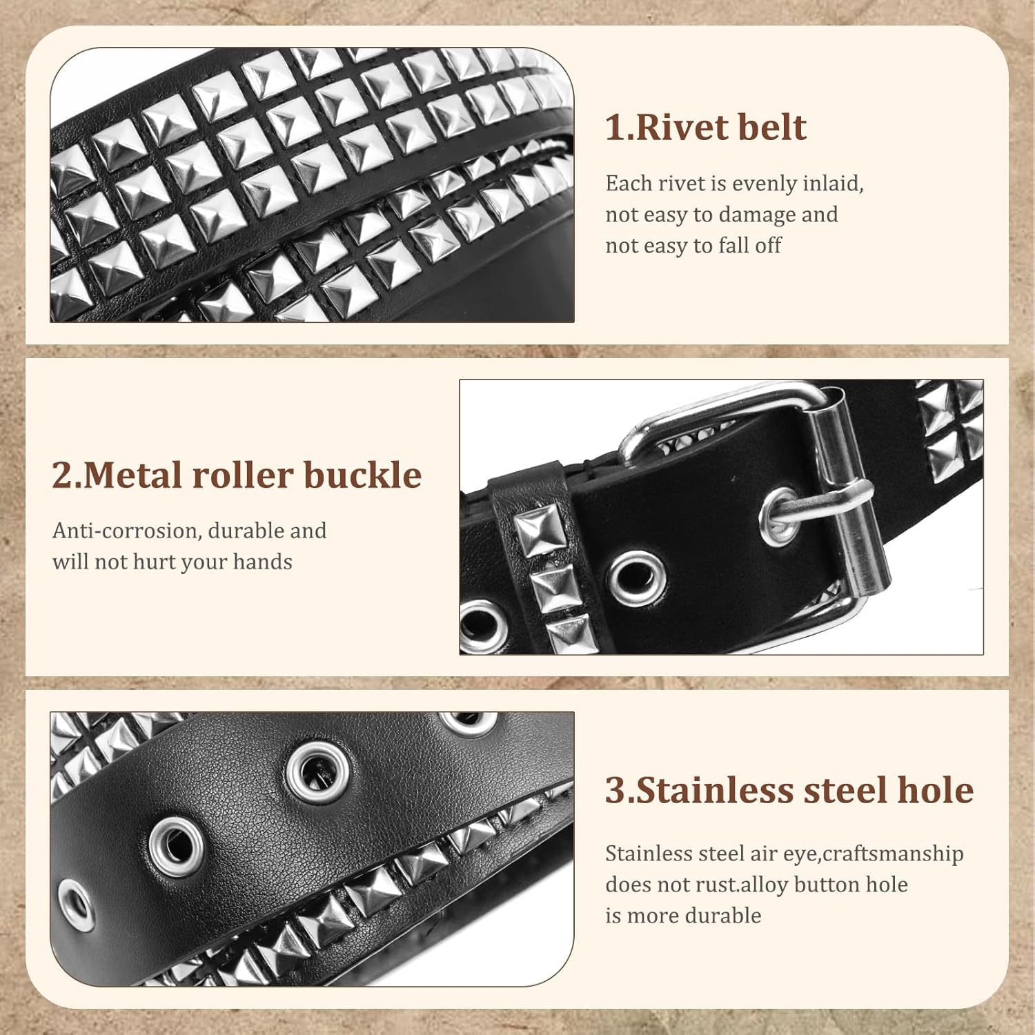 3Pcs Black Studded Belt Set Y2K Star Belt Gothic Punk Rock Belts with Metal Pyramid Grommets for Women & Men - Image 4