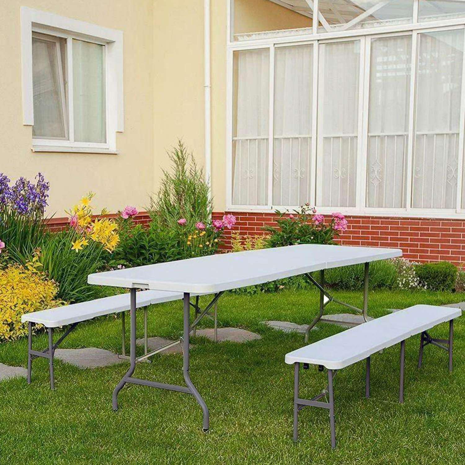 THINIA HOME Conjunto Plegable Mesa con 2 Bancos de 180cm Catering