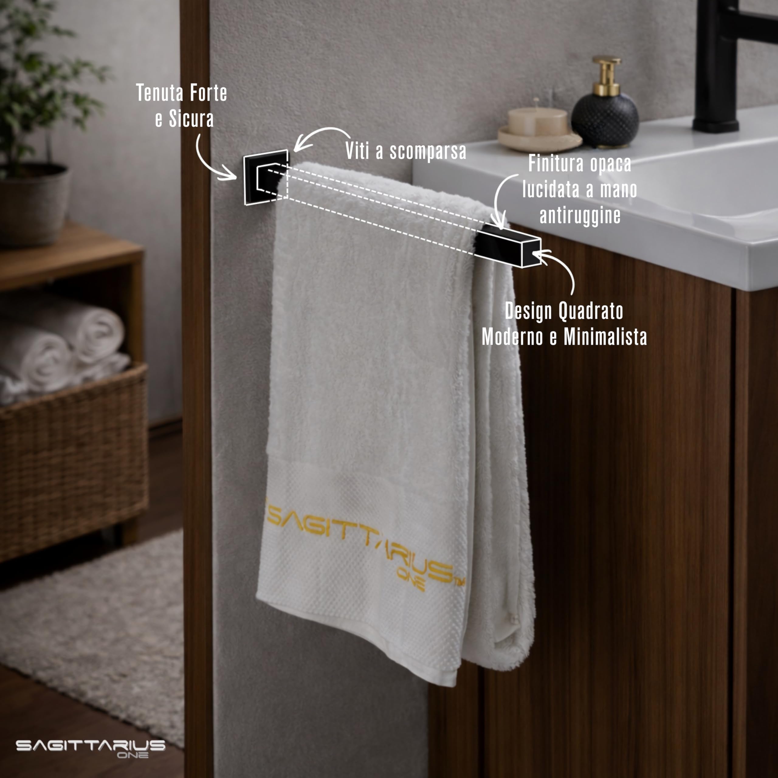 Porta Asciugamani Bagno Adesivo 400S1-B – Acciaio Inox SUS304, Moderno e Robusto, Barra Elegante – Nero Opaco