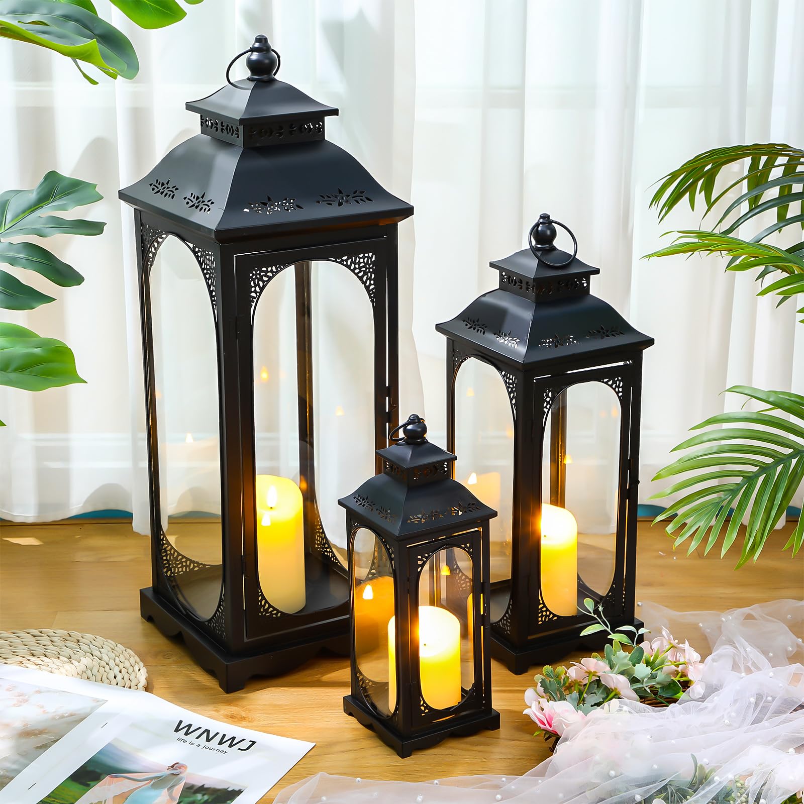 Mifoci Jumbo Black Metal Decorative Lanterns with Clear Glass Panel Hurricane Lantern Candle Lantern for Home Decor Party Event Tabletop Front Porch Wall Hanging Indoor Outdoor (3 Pcs, 28'' 20'' 14'')
