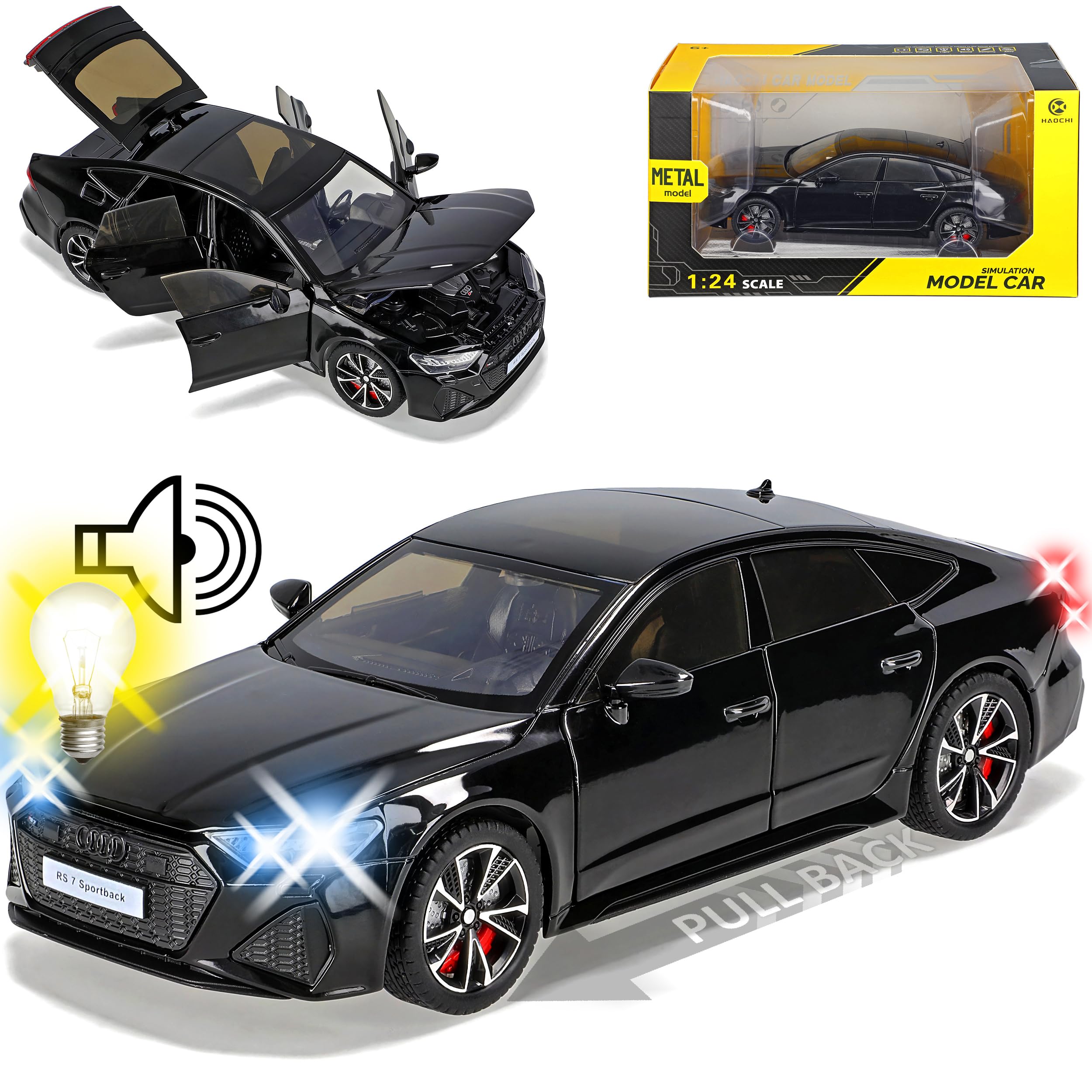 Generisch A*u*d*i A7 RS7 C8 Limousine Schwarz 2018-2025 mit Licht und Sound 1/24 Modell Auto