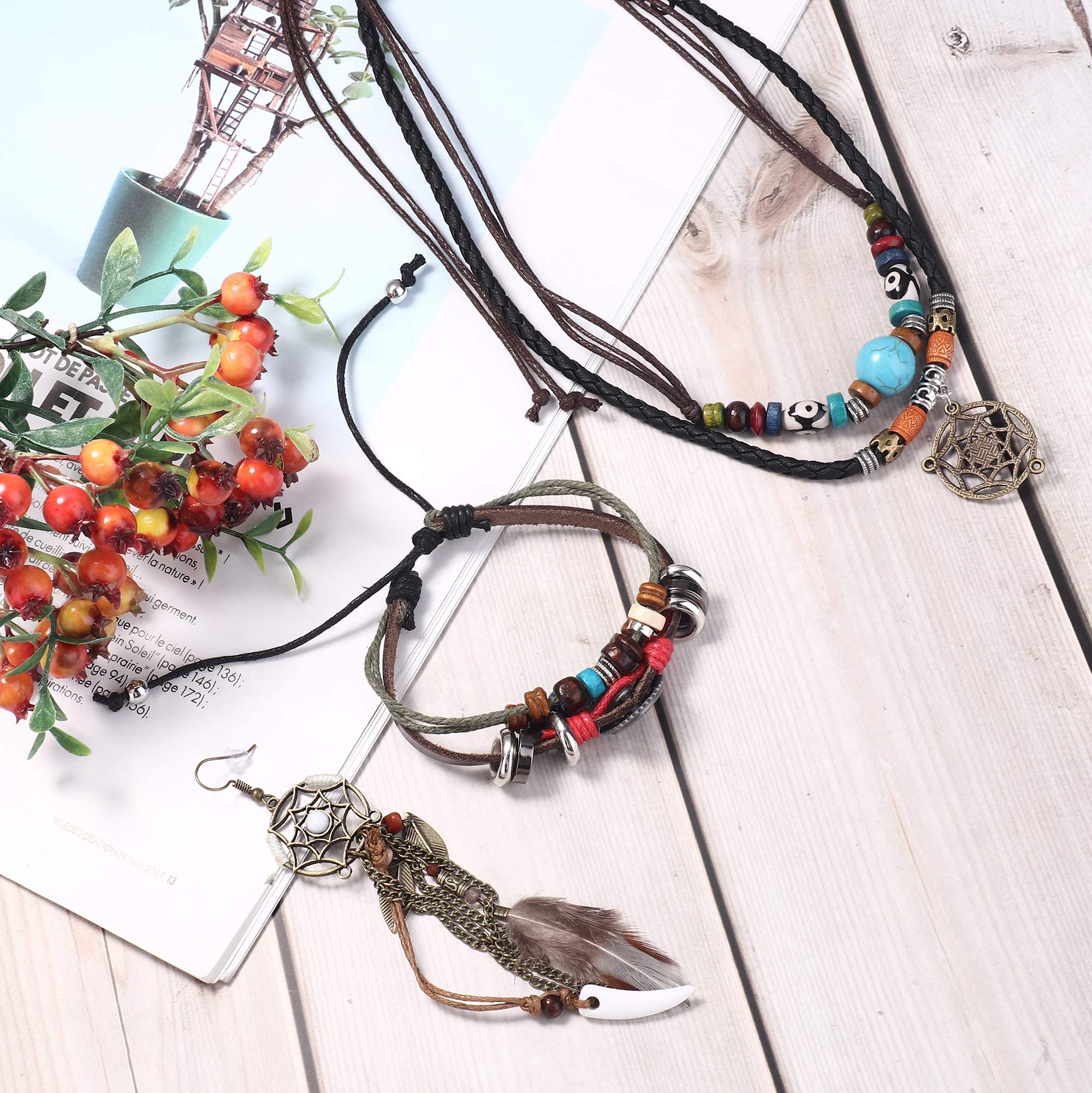 LOLIAS 4 szt. Nakrycie głowy Indian Boho Set Naszyjnik Kolczyki Skórzane Pióra Dla Kobiet Bransoletka Ręcznie Robiona Vintage Hippie Plemienny Impreza Karnawał Biżuteria