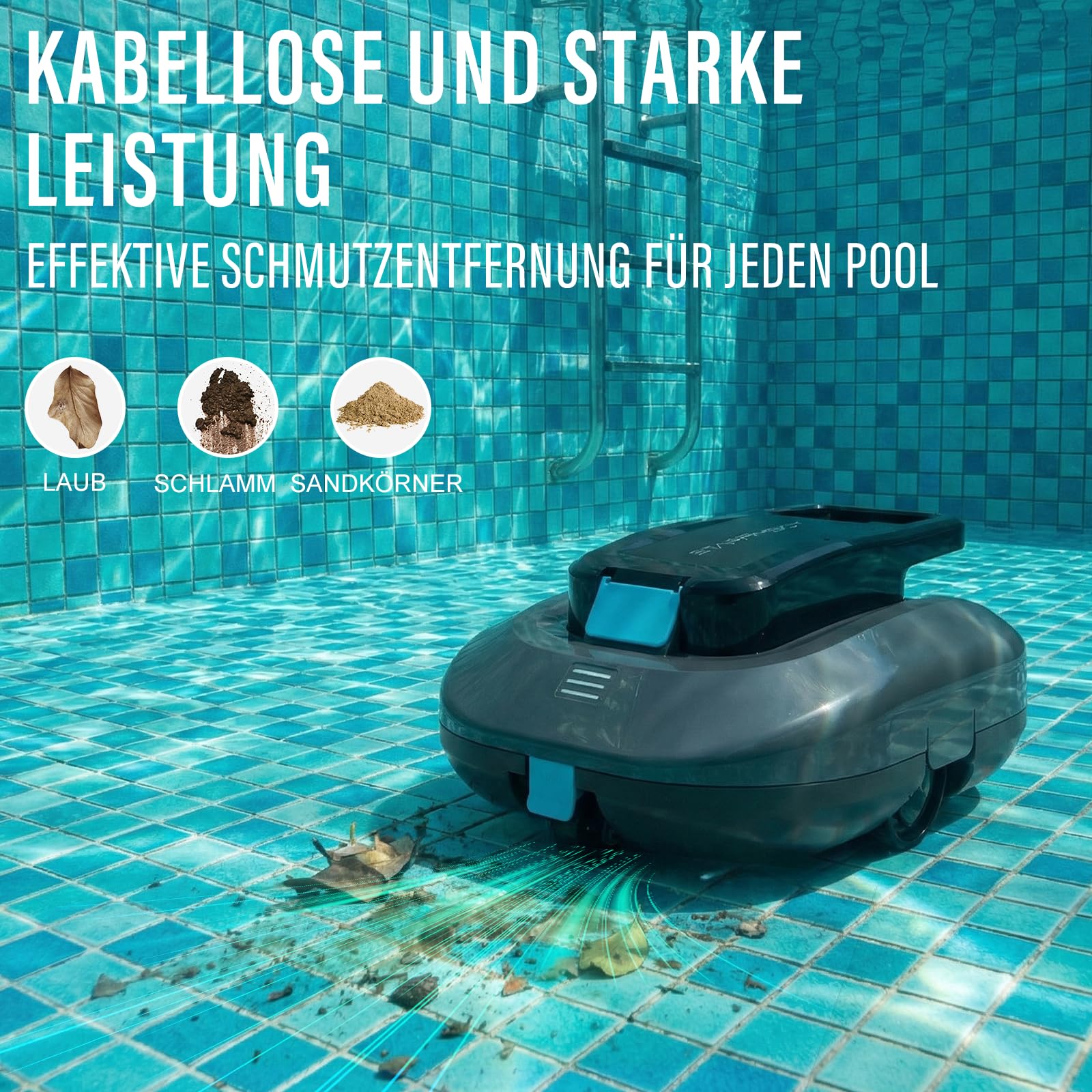 STARRYBOT Kabelloser Poolroboter mit Zwei hocheffizienten Motoren, 15 Kpa Starke Saugleistung, Selbstparkfunktion, Smart-LED-Anzeige, Poolsauger für Flachboden-Pools bis zu 84 m² (Grau)
