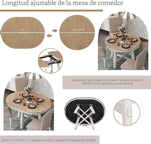 Miniatura 3 de Harper & Bright Designs TREXM Juego de mesa de comedor de granja de 5 piezas de madera redonda extensible y 4 sillas de comedor tapizadas (madera