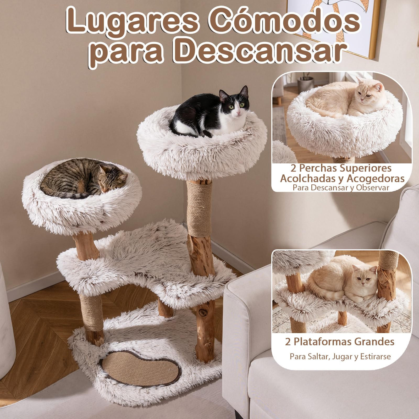 COSTWAY 101 cm Árbol Rascador para Gatos de Madera Maciza, 4 Plataformas Acolchadas de Felpa, Postes Rascadores y Alfombrilla, Torre Rascador para Gatos en Forma de Ramas de Bohemio para Interior