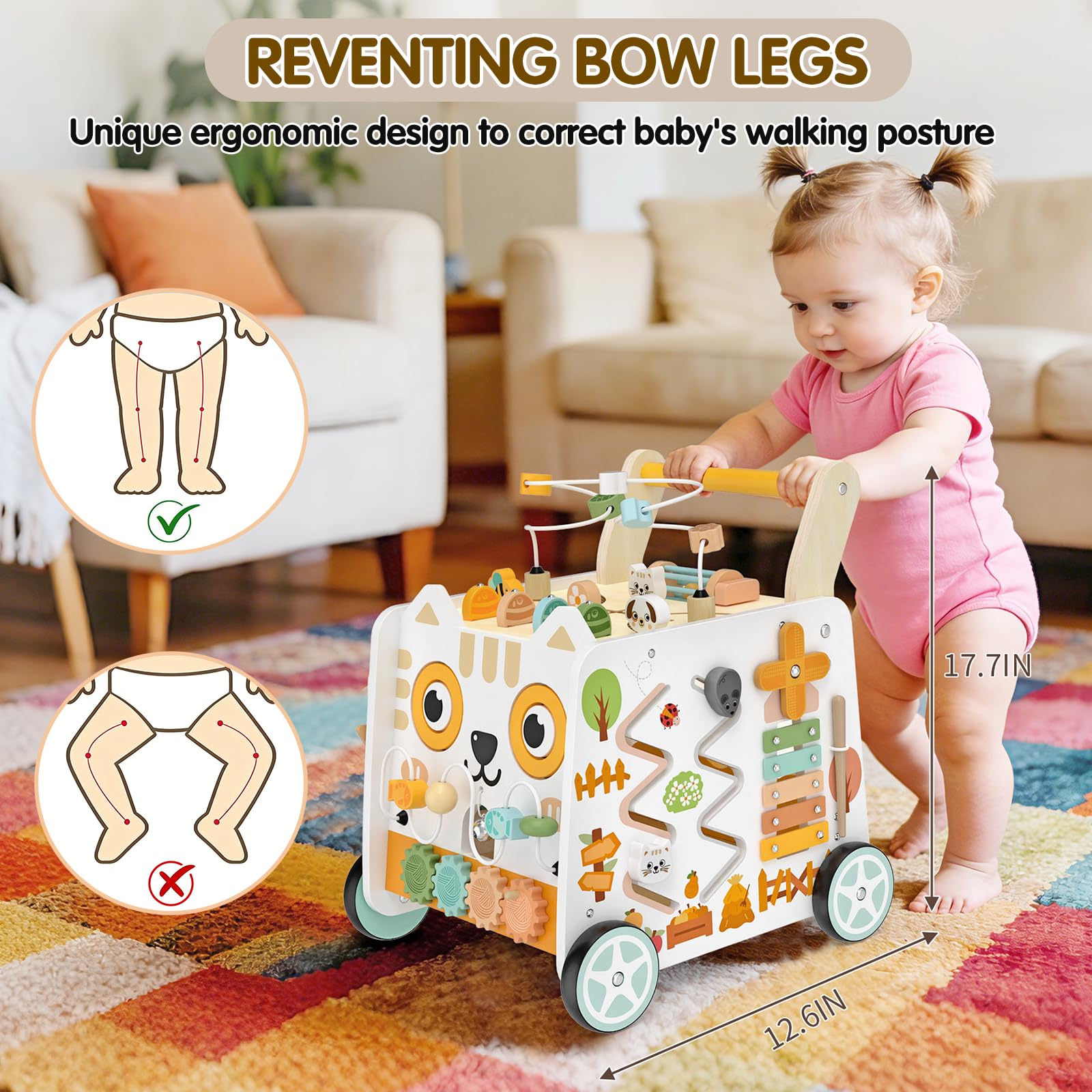 Carrello Primi Passi Legno Montessori 16-in-1, Girello 3+ Anni | Cubo Attività 16-in-1: Labirinto di Perline, Xilofono, Selezionatore di Forme — Gioco Montessori da 3+ Anni