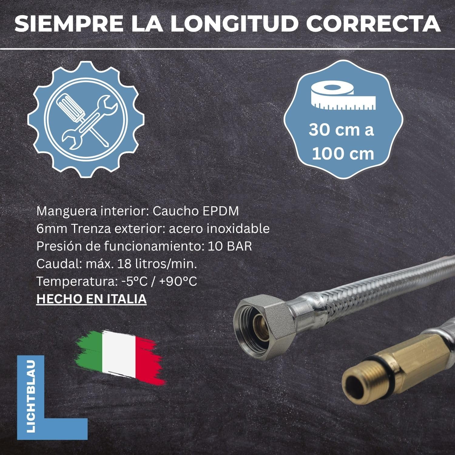 LICHTBLAU Manguera de acero inoxidable resistente a dobleces, 60 cm, 3/8 pulgadas a M8 de largo, adecuada para agua potable, válvula angular, manguera blindada, grifo de cocina | Manguera flexible de acero inoxidable para agua potable, resistente a doblec