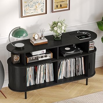 55 Large Record Player Stand with Charging Station, Sliding Doors, Black